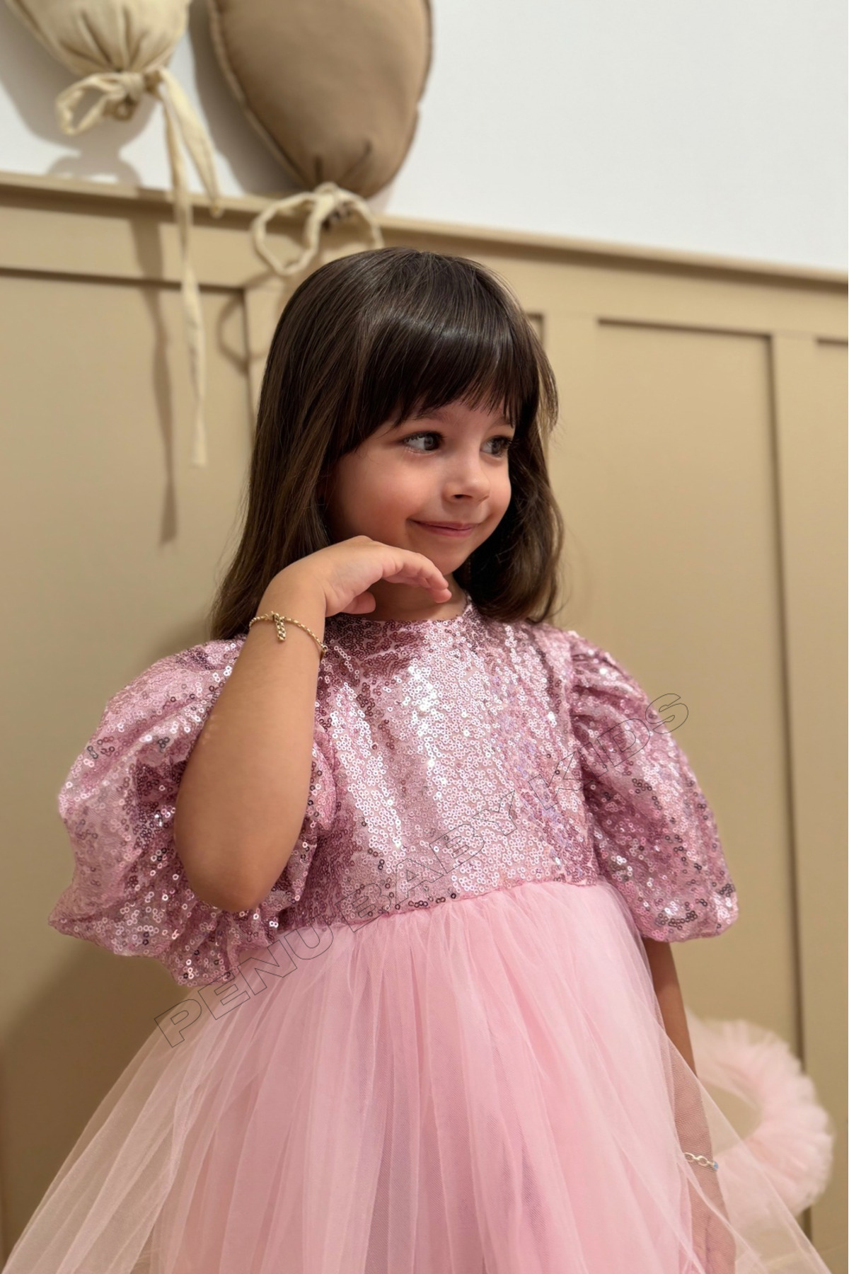 penu baby kids Pembe Payetli Balon Kol Grenli Tül Etekli Kız Çocuk Kız Bebek Abiye Elbise - Terra fotoğrafı 5 (önizleme)