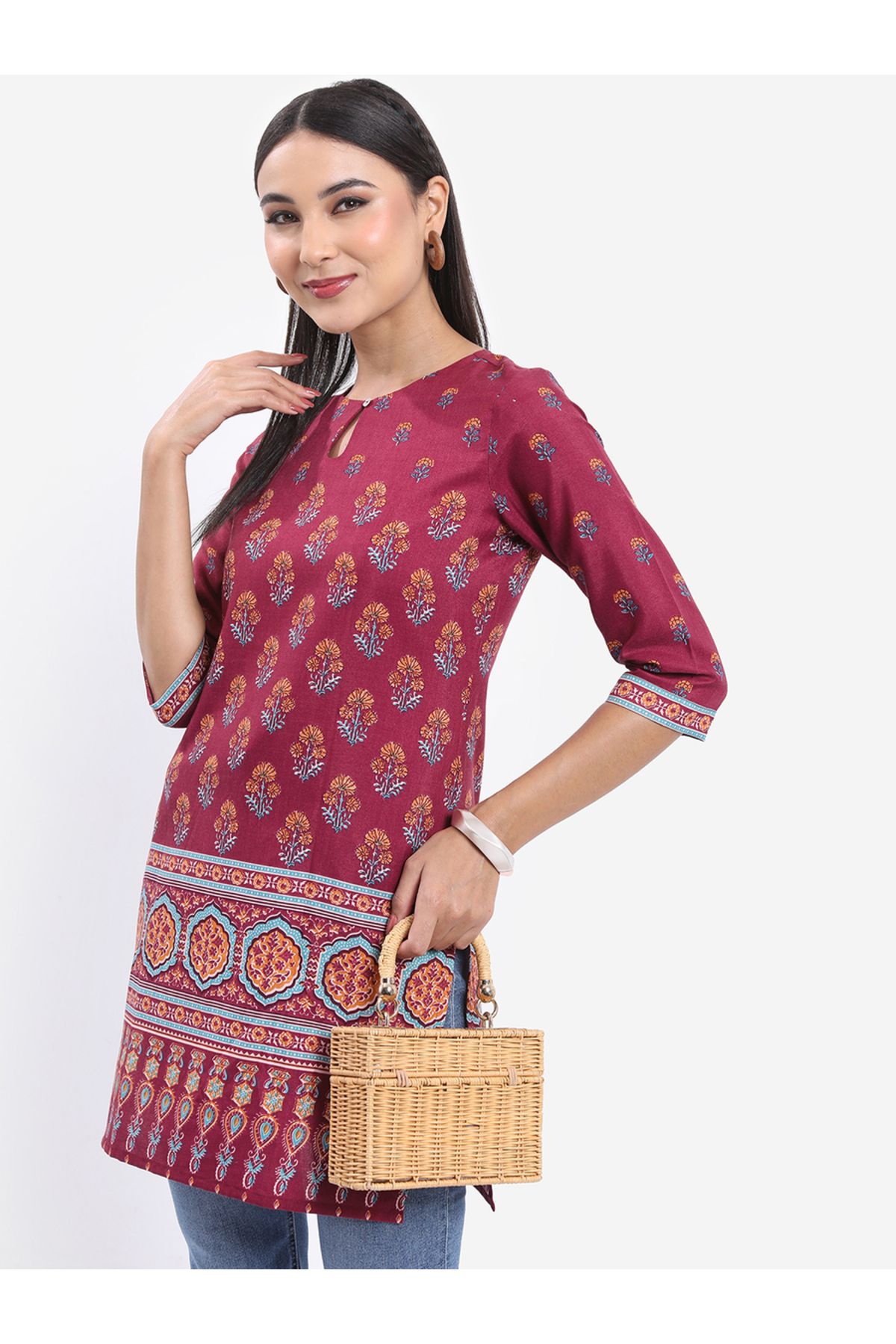 Vishudh By Styli-Maroon Keyhole Neck Floral Printed Kurti 1