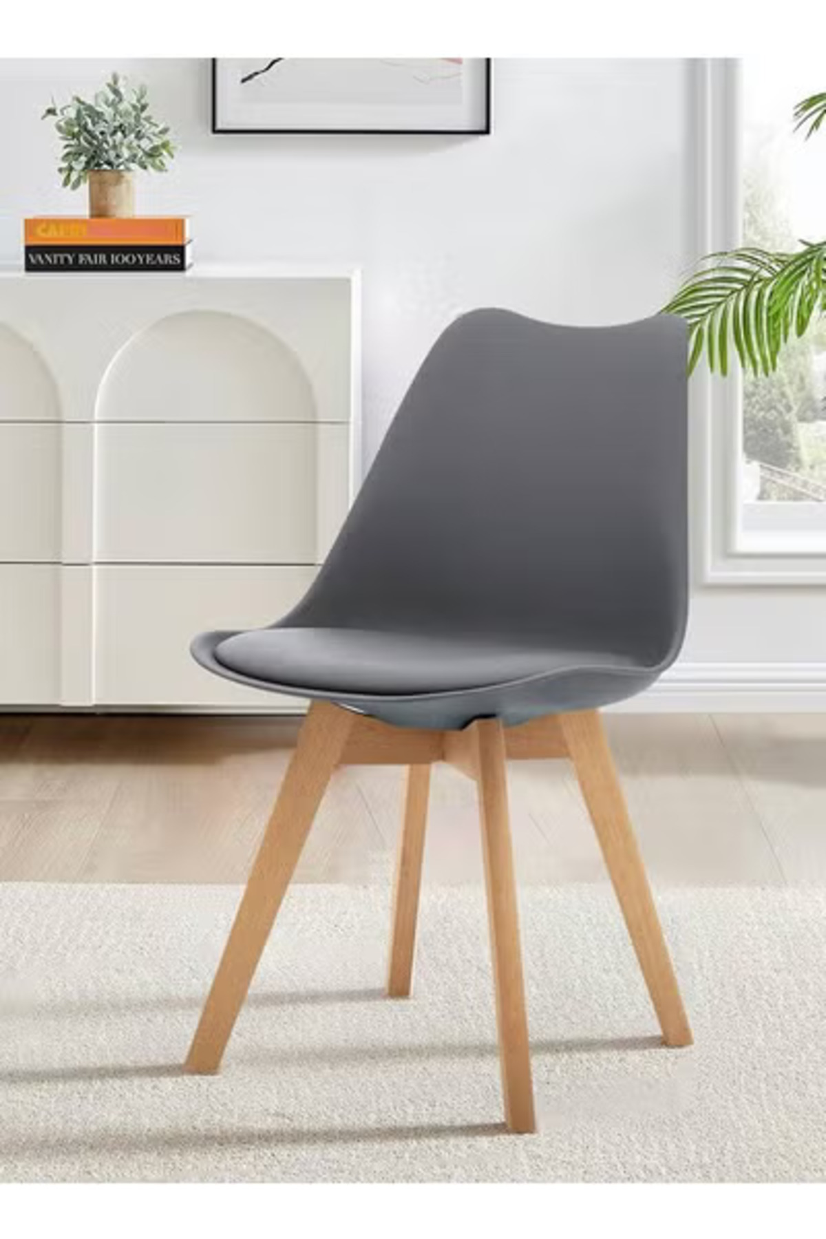Taimi-Pack Of 2 Mid Century Modern Side Chair , PU Leather Soft Padded Seats and Solid Wood Legs Gray 3