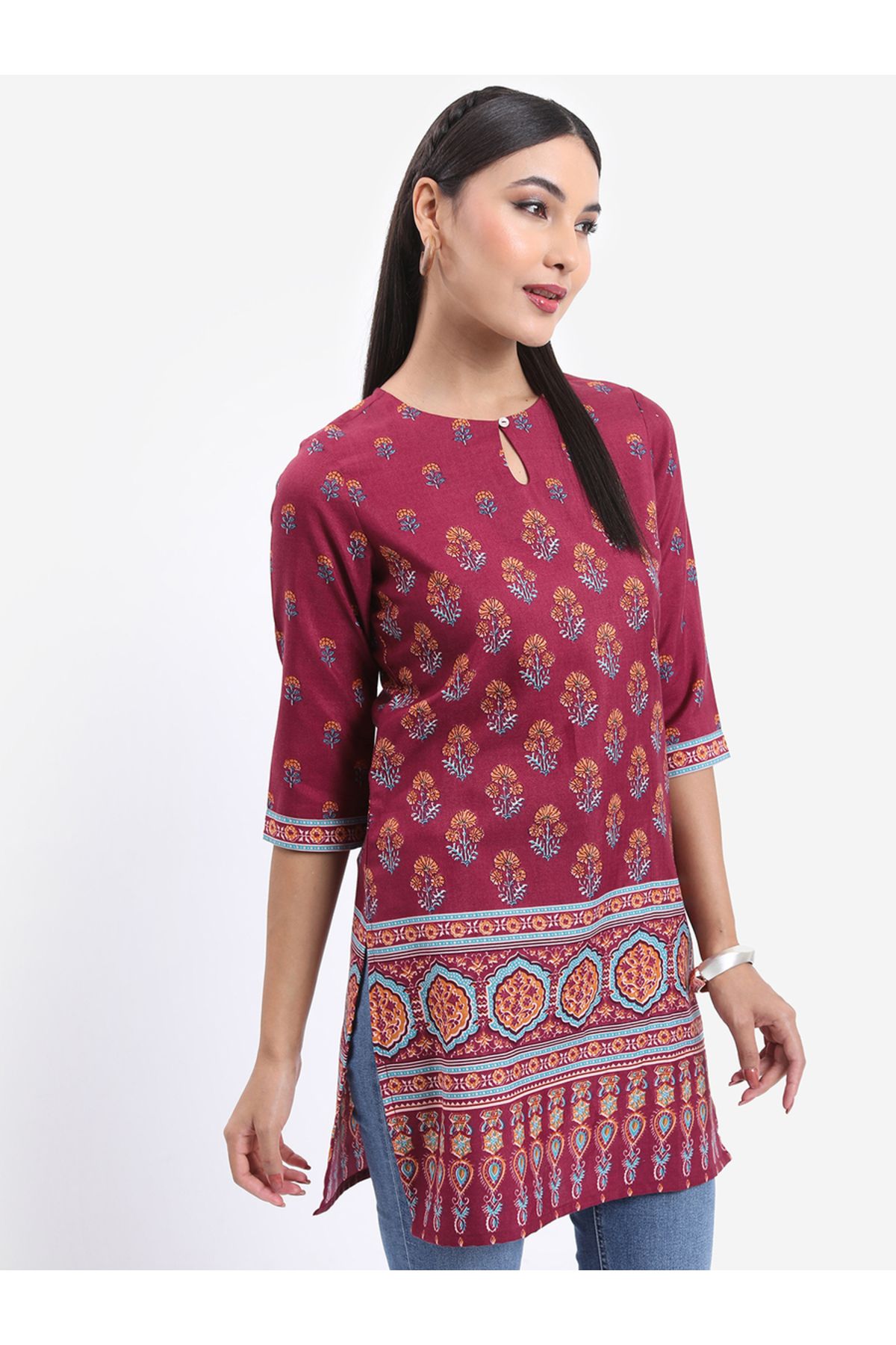 Vishudh By Styli-Maroon Keyhole Neck Floral Printed Kurti 4