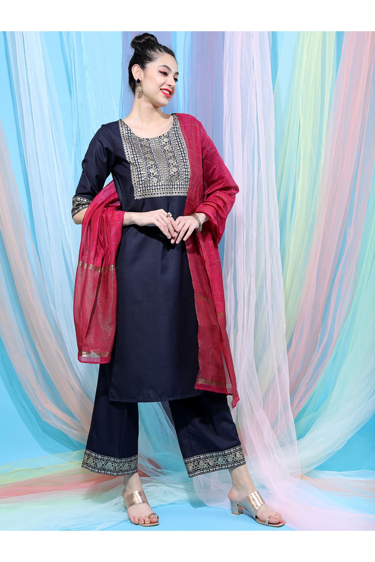 Vishudh By Styli-Navy Blue Embroidered Kurta Set with Palazzos and Dupatta 6