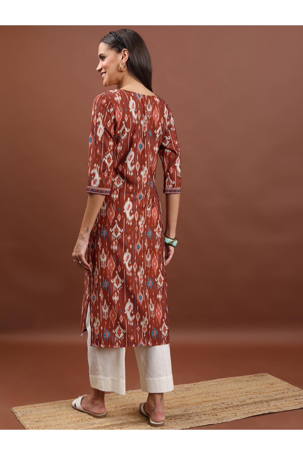 Vishudh By Styli-Brown Geometric Printed Notch Neck Straight Kurta 3