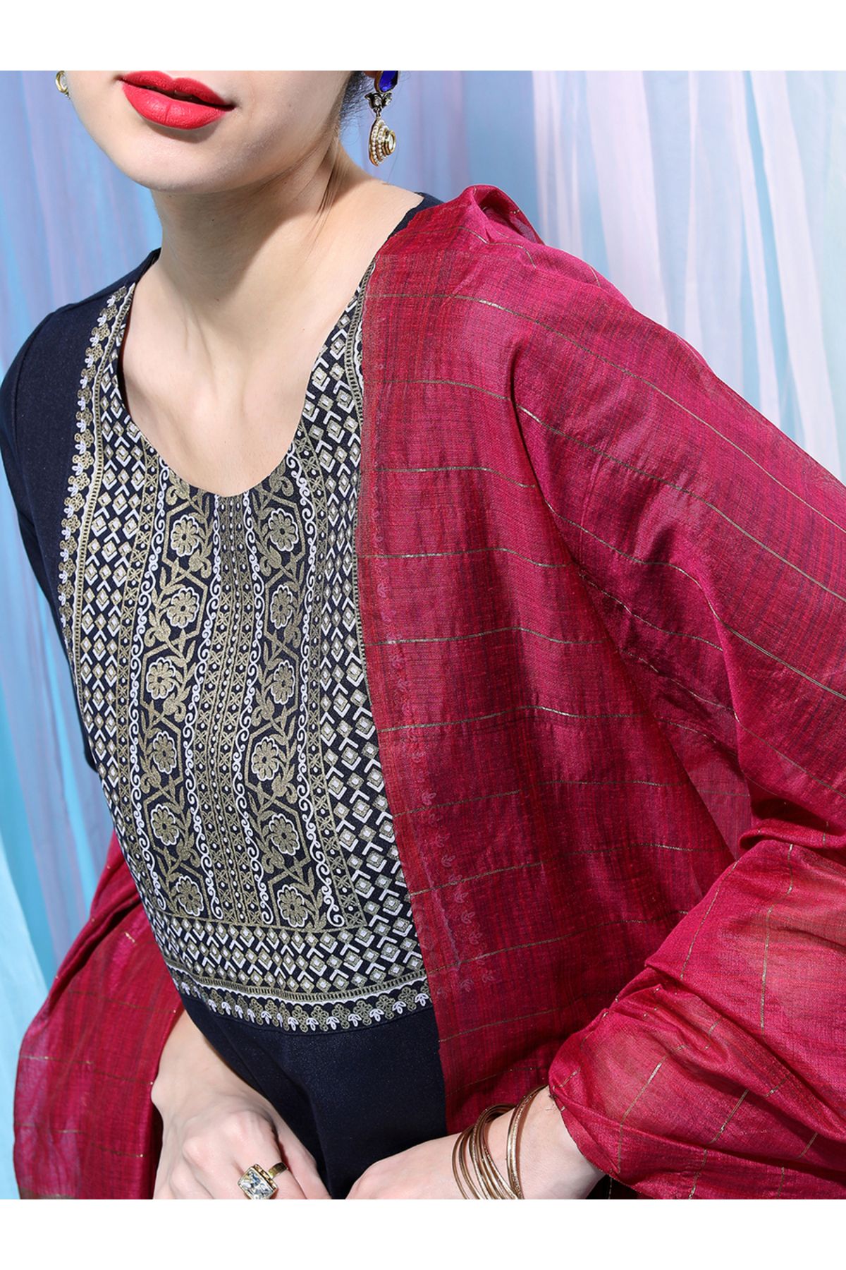 Vishudh By Styli-Navy Blue Embroidered Kurta Set with Palazzos and Dupatta 4