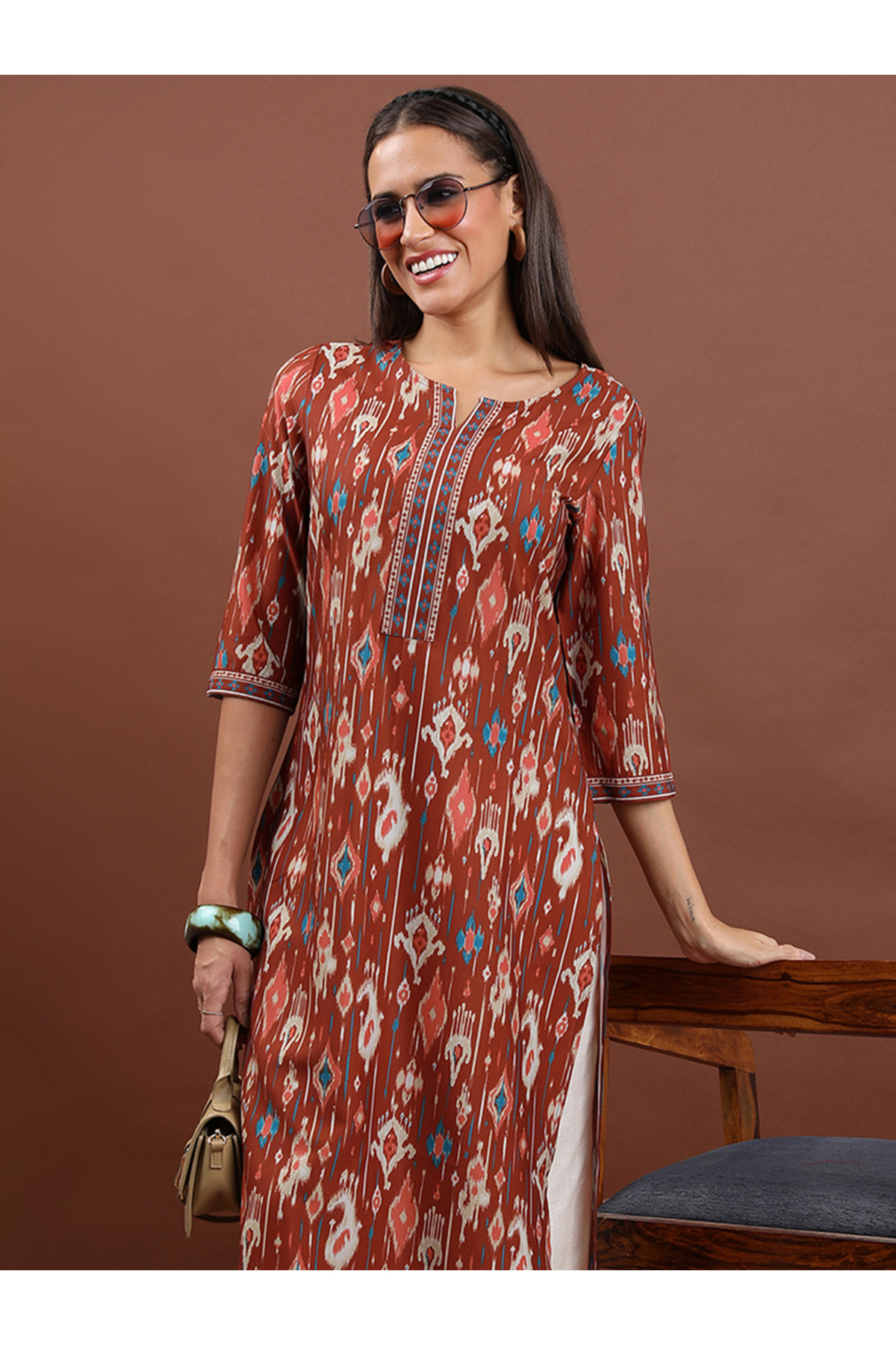 Vishudh By Styli-Brown Geometric Printed Notch Neck Straight Kurta 1