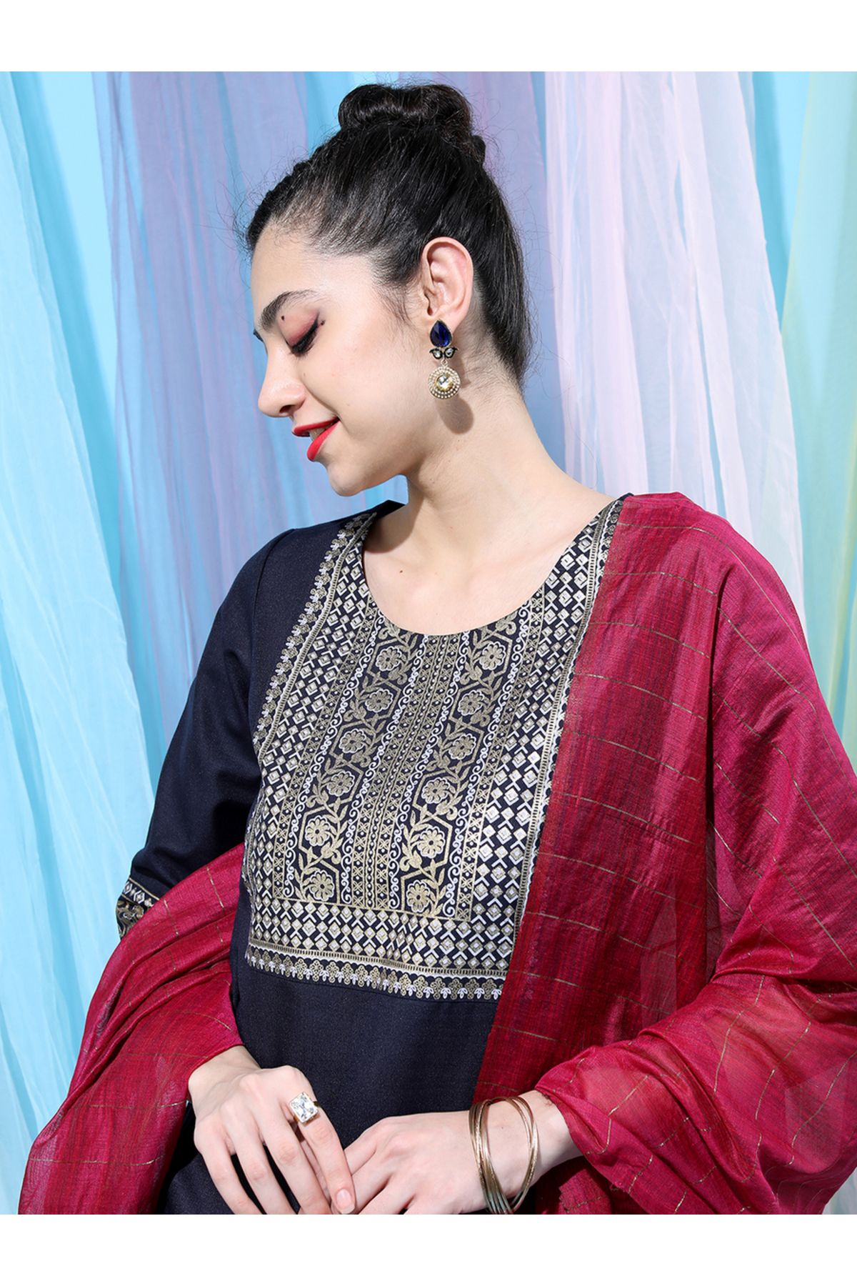Vishudh By Styli-Navy Blue Embroidered Kurta Set with Palazzos and Dupatta 2