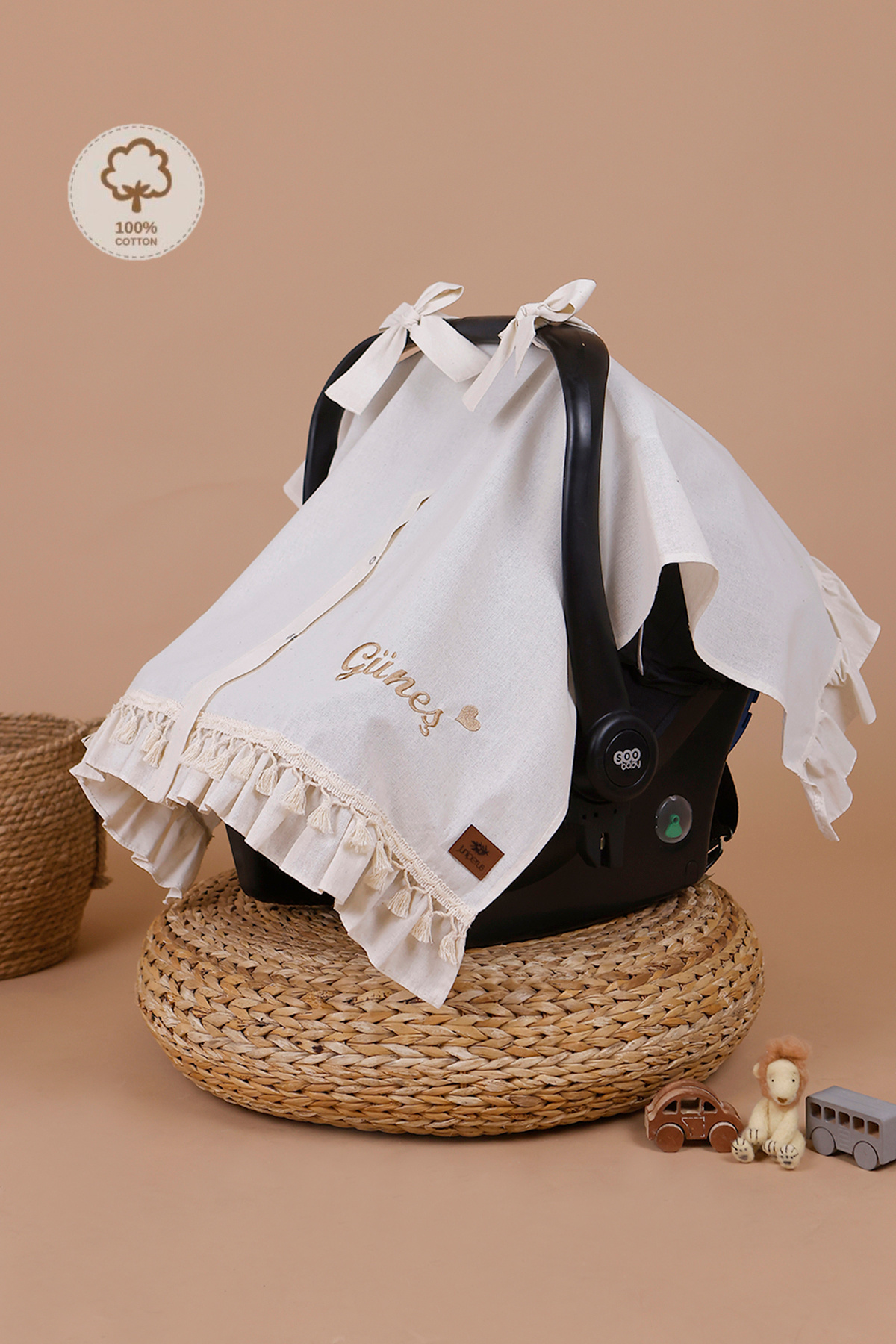 JUNİPERUS Kişiye Özel İsimli Nakışlı Organik Keten Puset Örtüsü Oeko-Tex Sertifikalı Fırfırlı fotoğrafı 4 (önizleme)