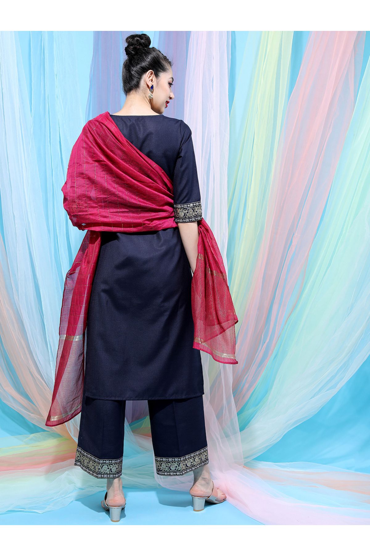 Vishudh By Styli-Navy Blue Embroidered Kurta Set with Palazzos and Dupatta 3