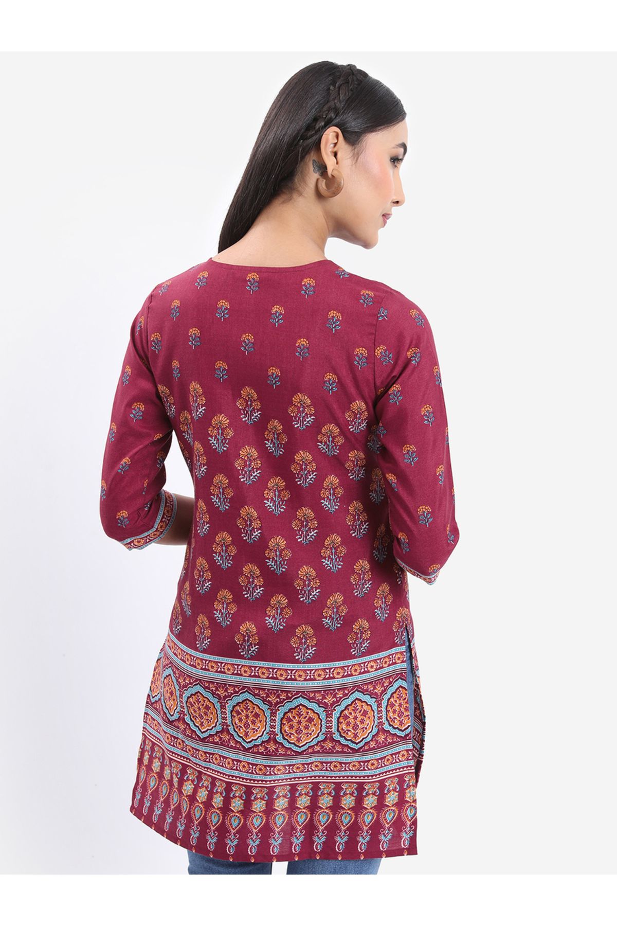 Vishudh By Styli-Maroon Keyhole Neck Floral Printed Kurti 3
