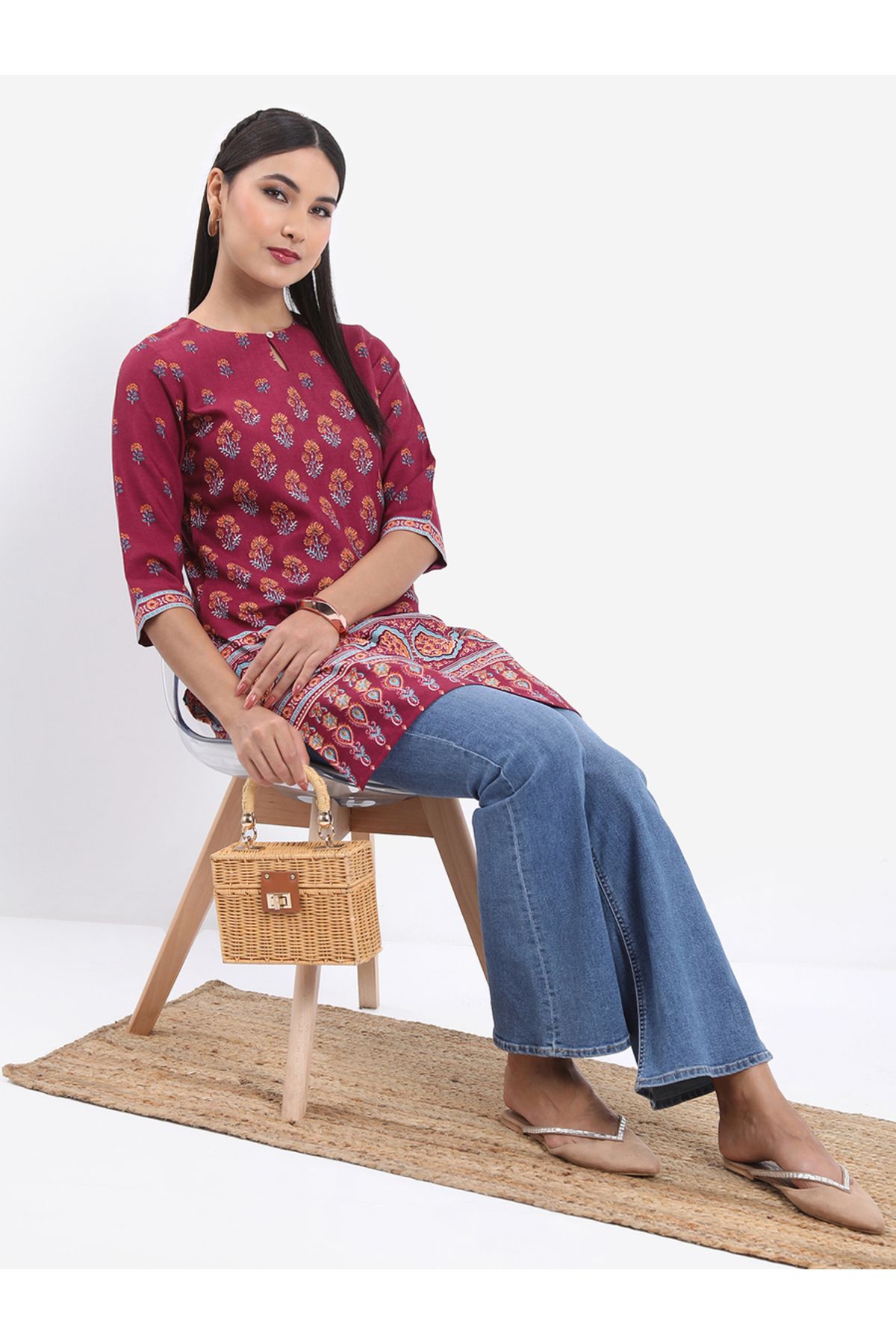 Vishudh By Styli-Maroon Keyhole Neck Floral Printed Kurti 2