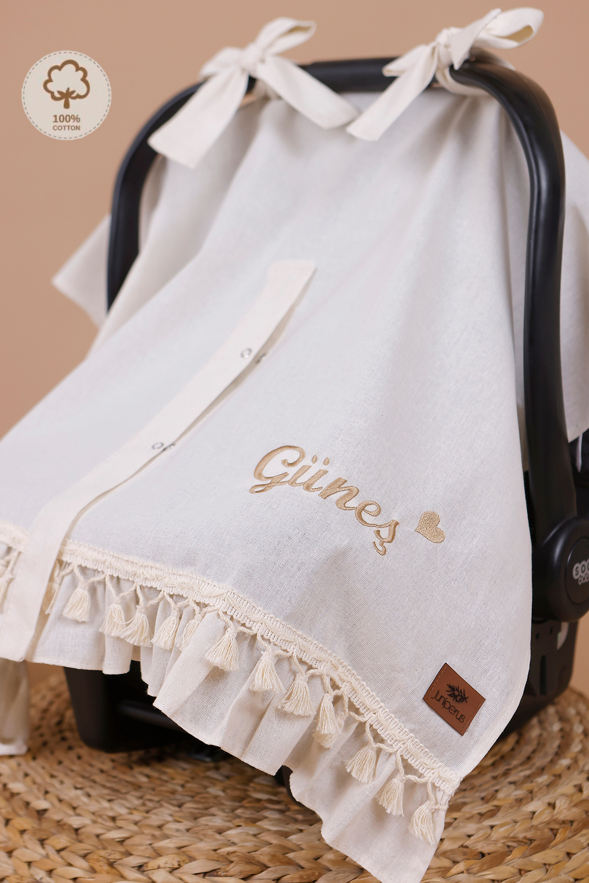 JUNİPERUS Kişiye Özel İsimli Nakışlı Organik Keten Puset Örtüsü Oeko-Tex Sertifikalı Fırfırlı fotoğrafı 3 (önizleme)