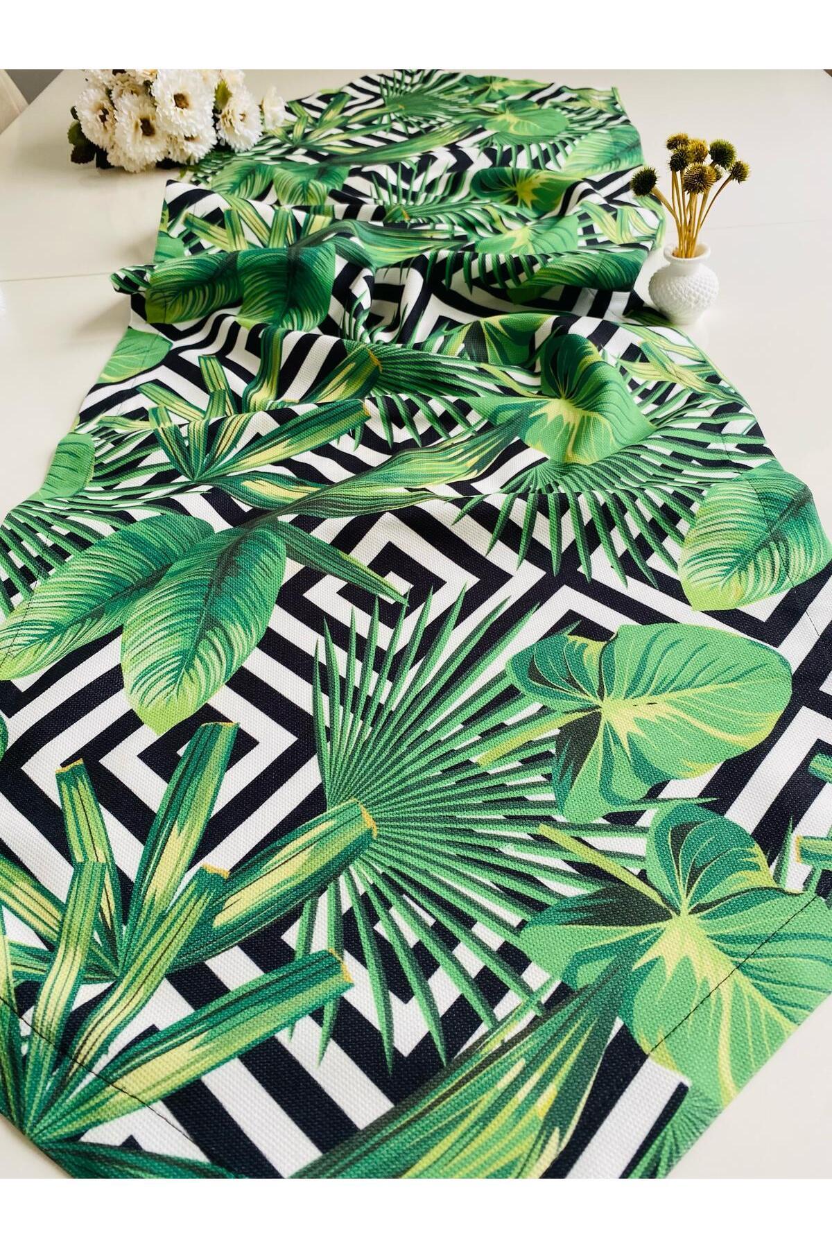 Runner Supla Home-Tropical Leaf Pattern Tasseled Runner & Black Plate Set 40X140 cm and 6 Pieces 3