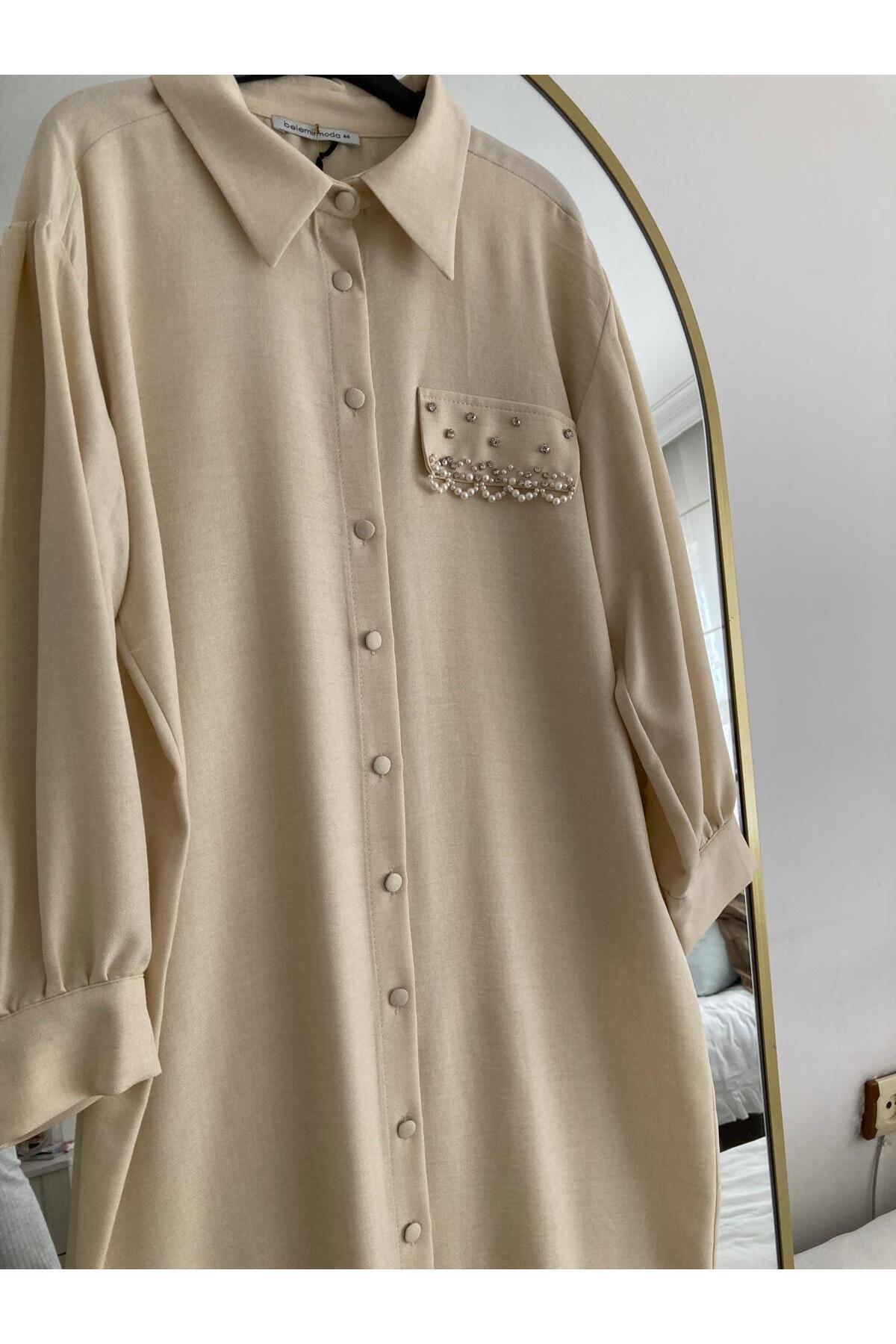 Belemir-Rstm Boutique Long Front Button Stone Detailed Wrinkle Free Linen Fabric Tunic 3