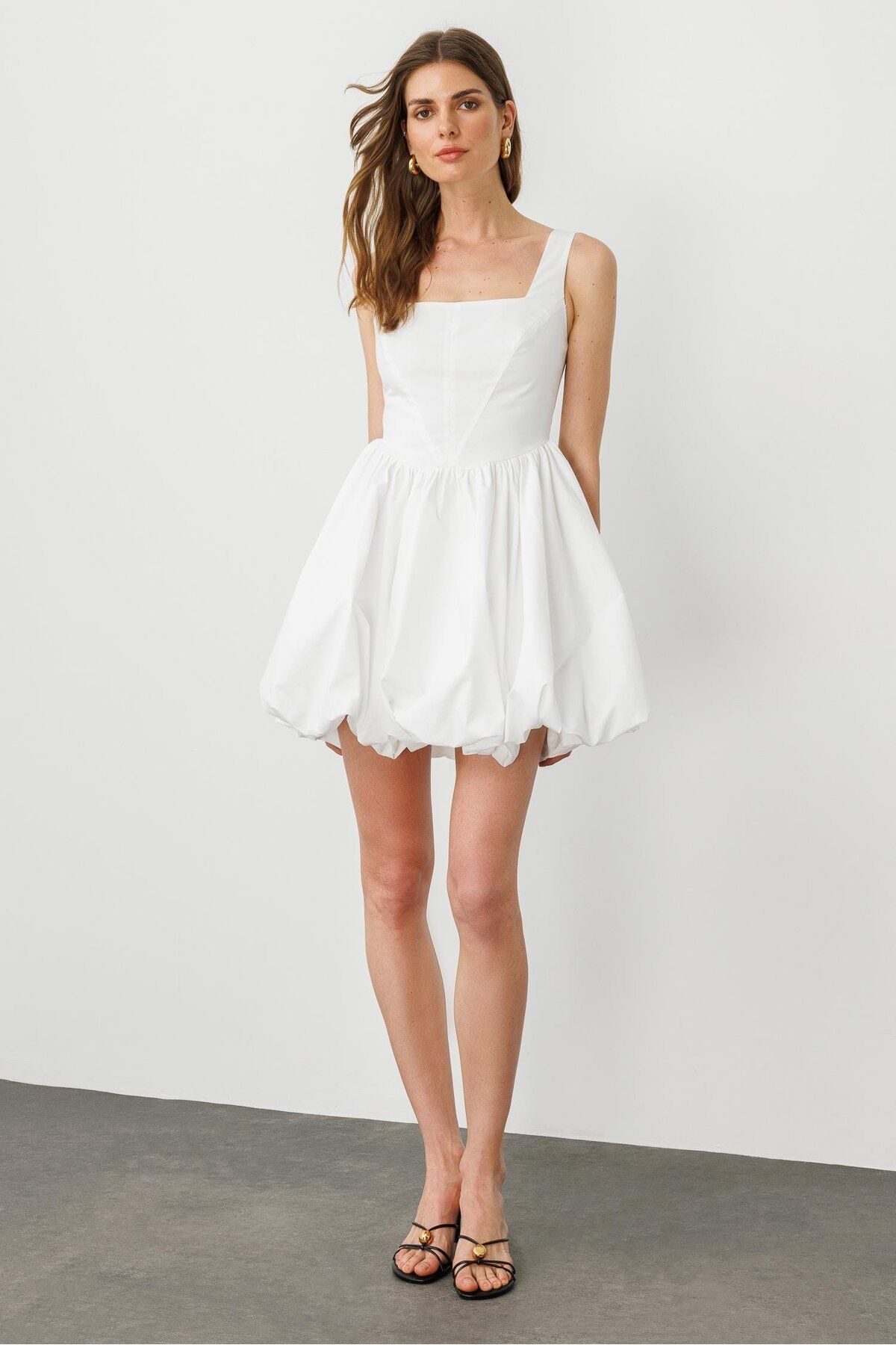 pieces of melon-White Cotton Dress with Square Collar Corset Detail and Strap Mini Balloon Skirt 4