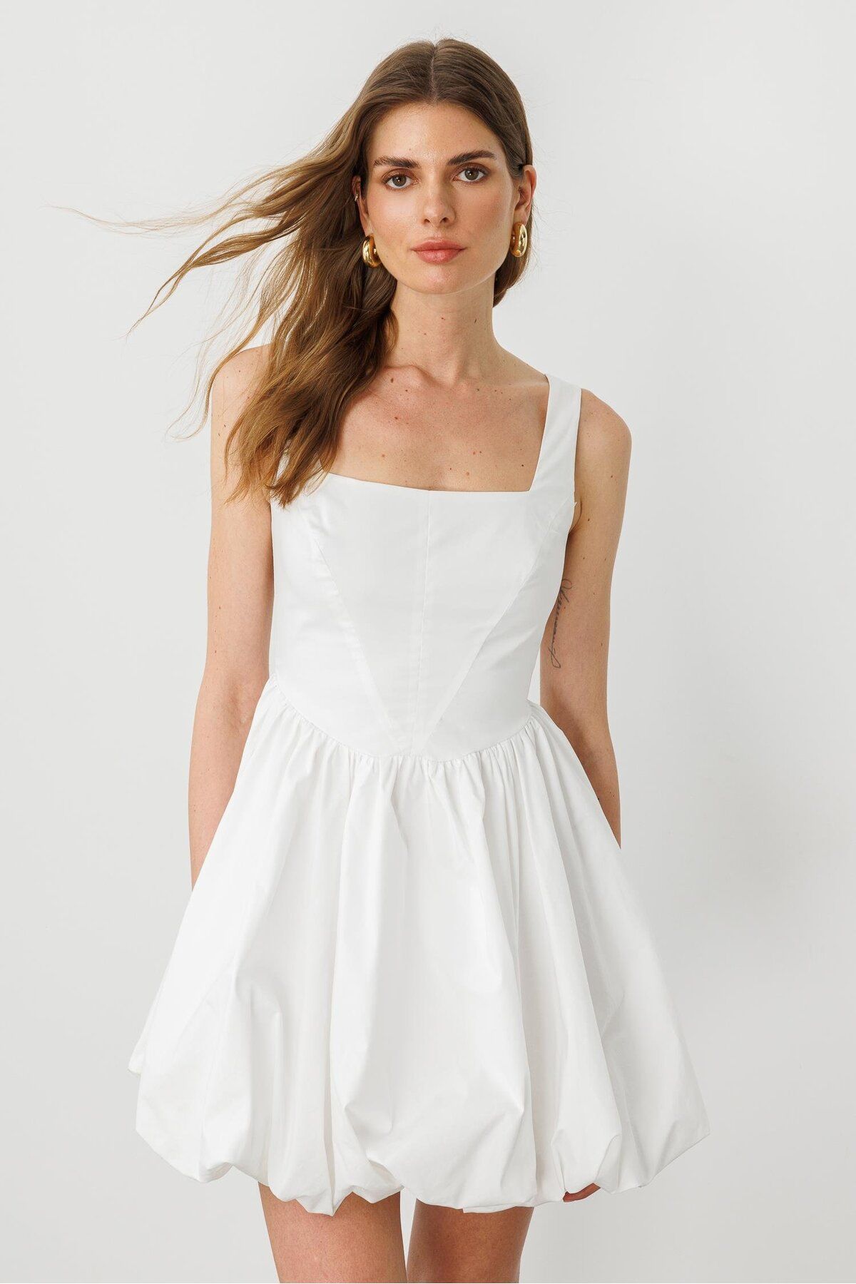 pieces of melon-White Cotton Dress with Square Collar Corset Detail and Strap Mini Balloon Skirt 2