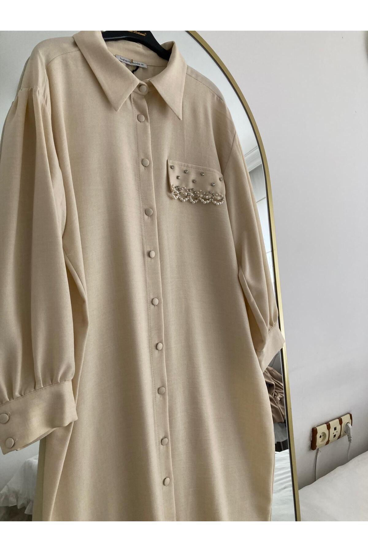 Belemir-Rstm Boutique Long Front Button Stone Detailed Wrinkle Free Linen Fabric Tunic 6