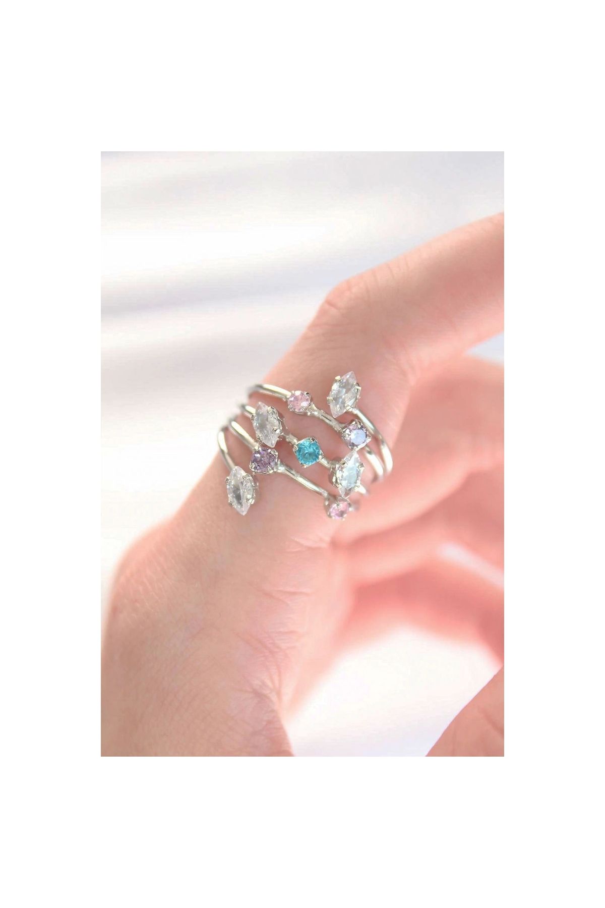 Narnuga Renkli Zirkon Taşlı Silver Renk Ayarlanabilir Yüzük - TJ-BYK3127