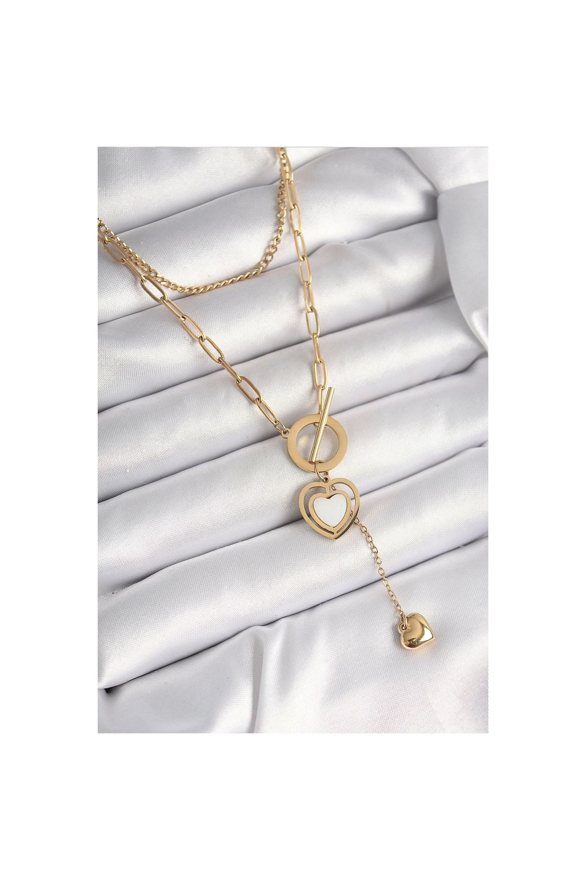 Narnuga 316L Çelik Gold Renk 2'Li Zincir Model Sallantı Detay Kadın Kolye - TJ-BKO9936