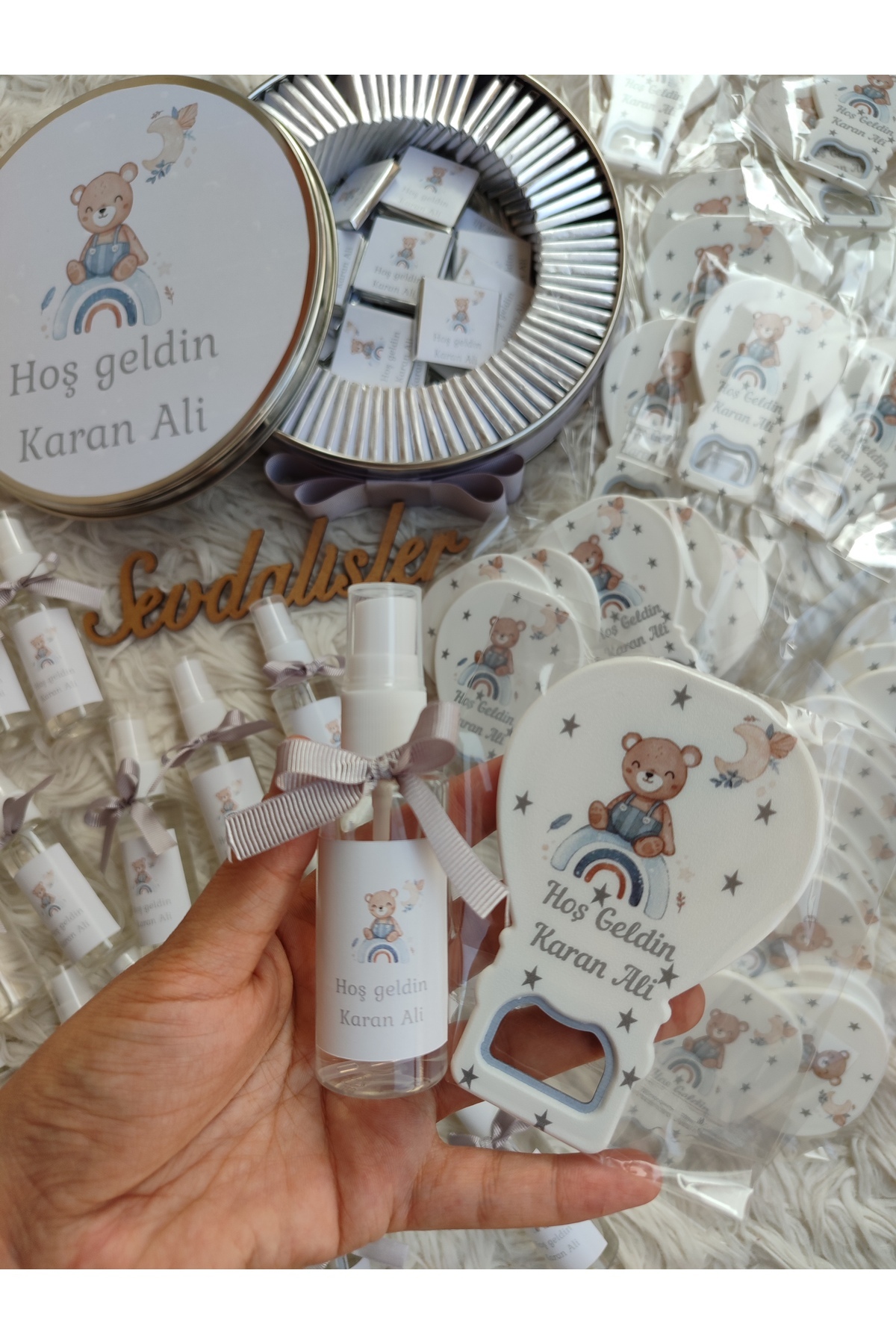Sevdalı işler Bebek Hediyelik Doğum Seti 20Açacak Magnet 20Kolonya Şişesi 100lüÇikolata Kutusu fotoğrafı 4 (önizleme)
