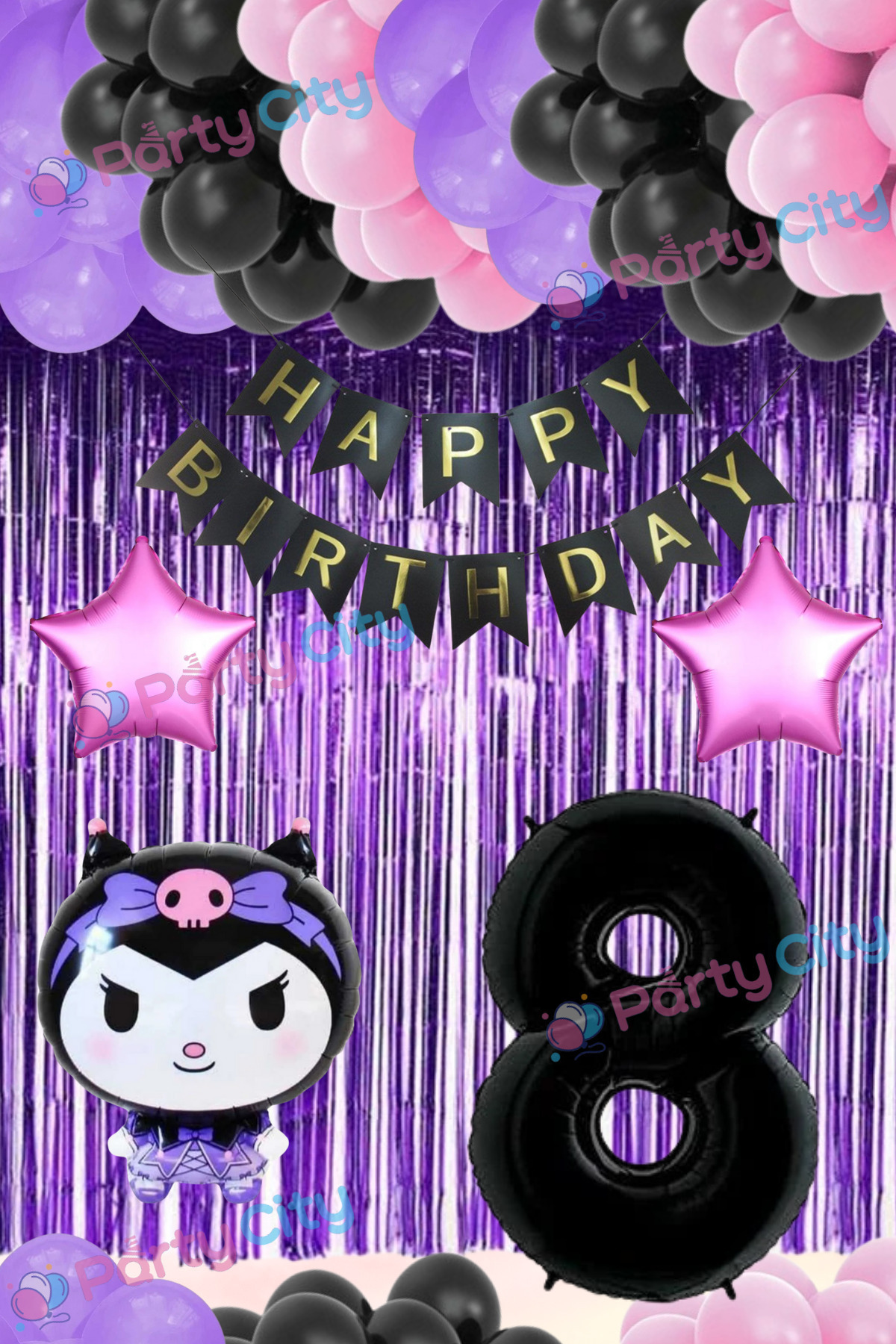 Party City Parti Balon Seti 8 Yaş Kuromi Temalı – Doğum Günü Süsleme Seti, Yıldızlı Arka Fonlu Folyo Balonlar