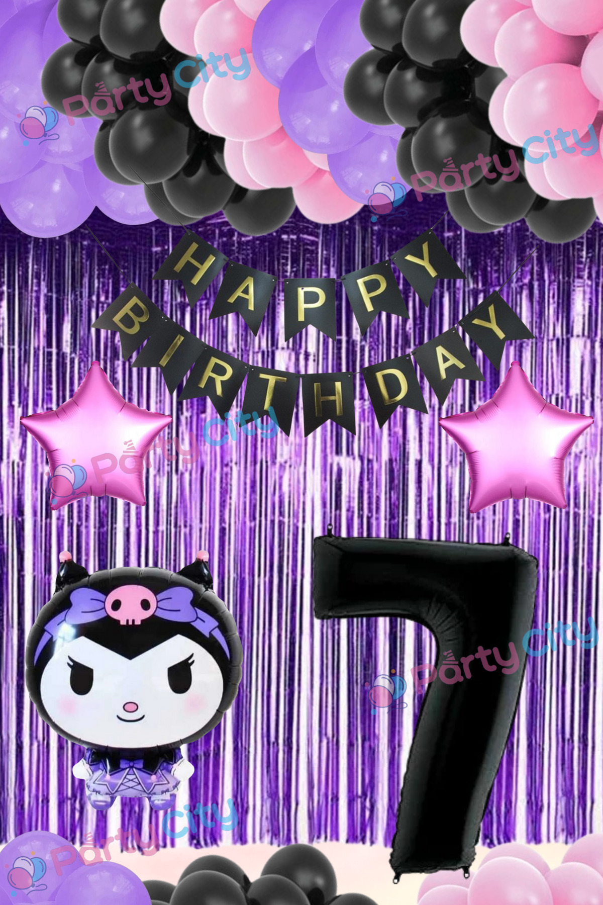 Party City Parti Balon Seti 7 Yaş Kuromi Temalı – Doğum Günü Süsleme Seti, Yıldızlı Arka Fonlu Folyo Balonlar