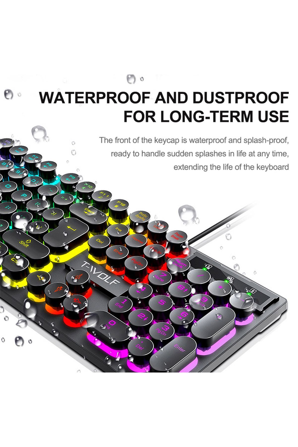 T-WOLF-104-Key RGB Punk Backlit Keyboard & Mouse Combo, Mechanical Feel Gaming Keyboards with Retro Keycaps 4