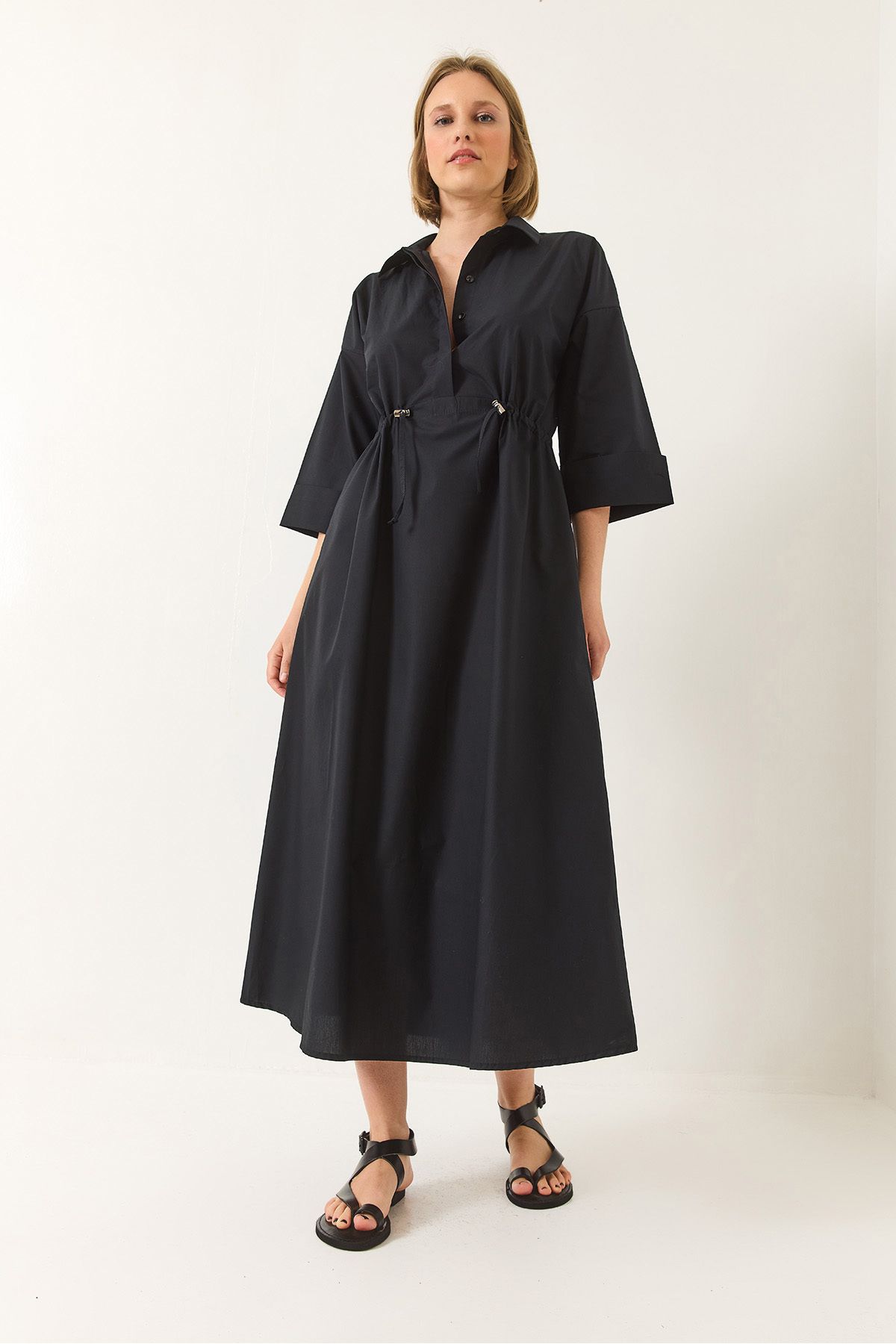 Bianco Lucci-Rochie lungă din popelin pentru femei, cu jumătate de mânecă, cu închidere cu nasturi 60283194 2