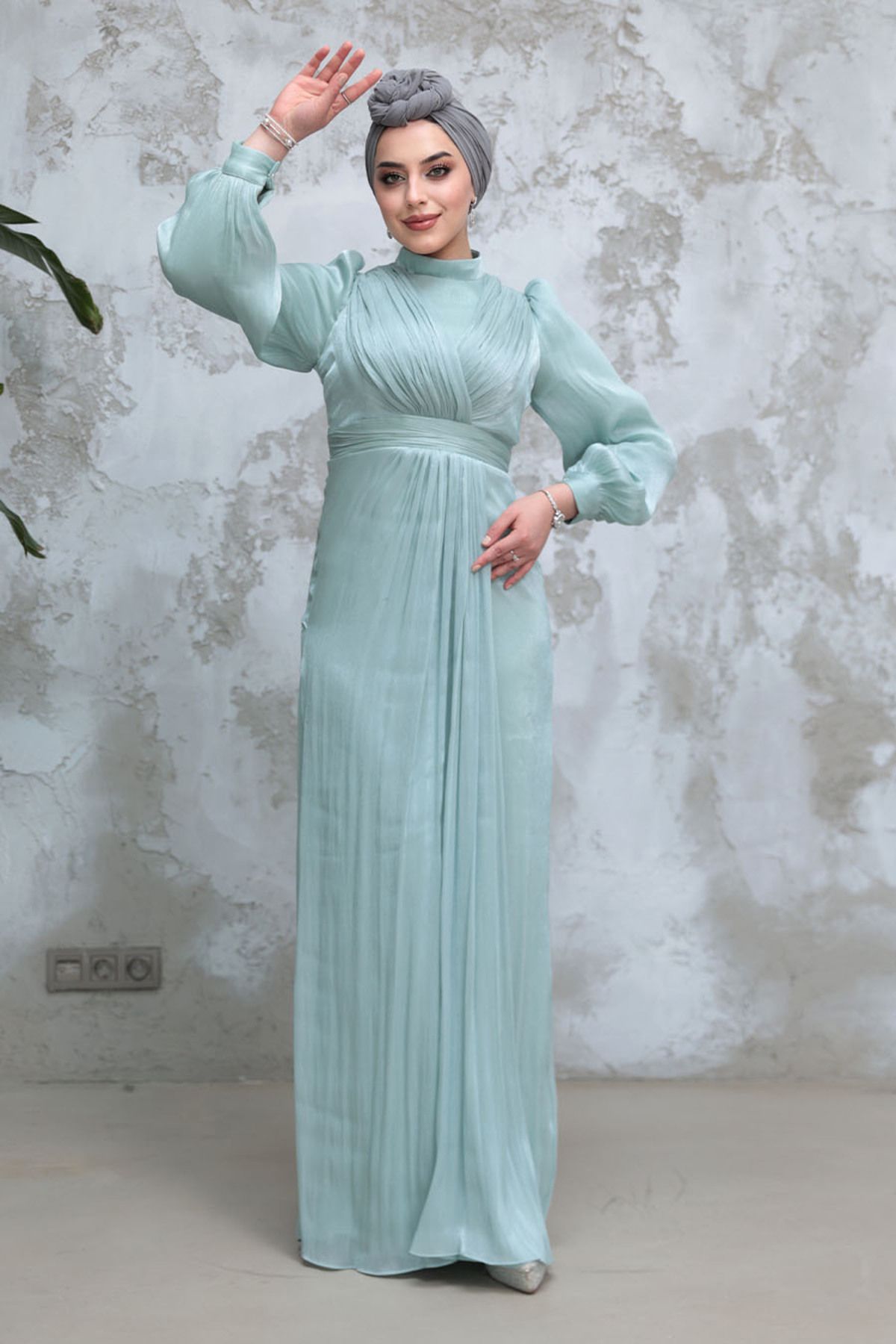 Neva Style-Drape Detailed Mint Hijab Evening Dress 50921Mint 3