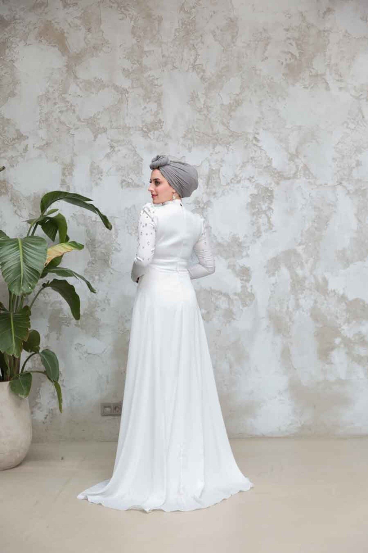 Neva Style-فستان سهرة من الساتان الحجاب إكرو مع ذيل 51312E 5