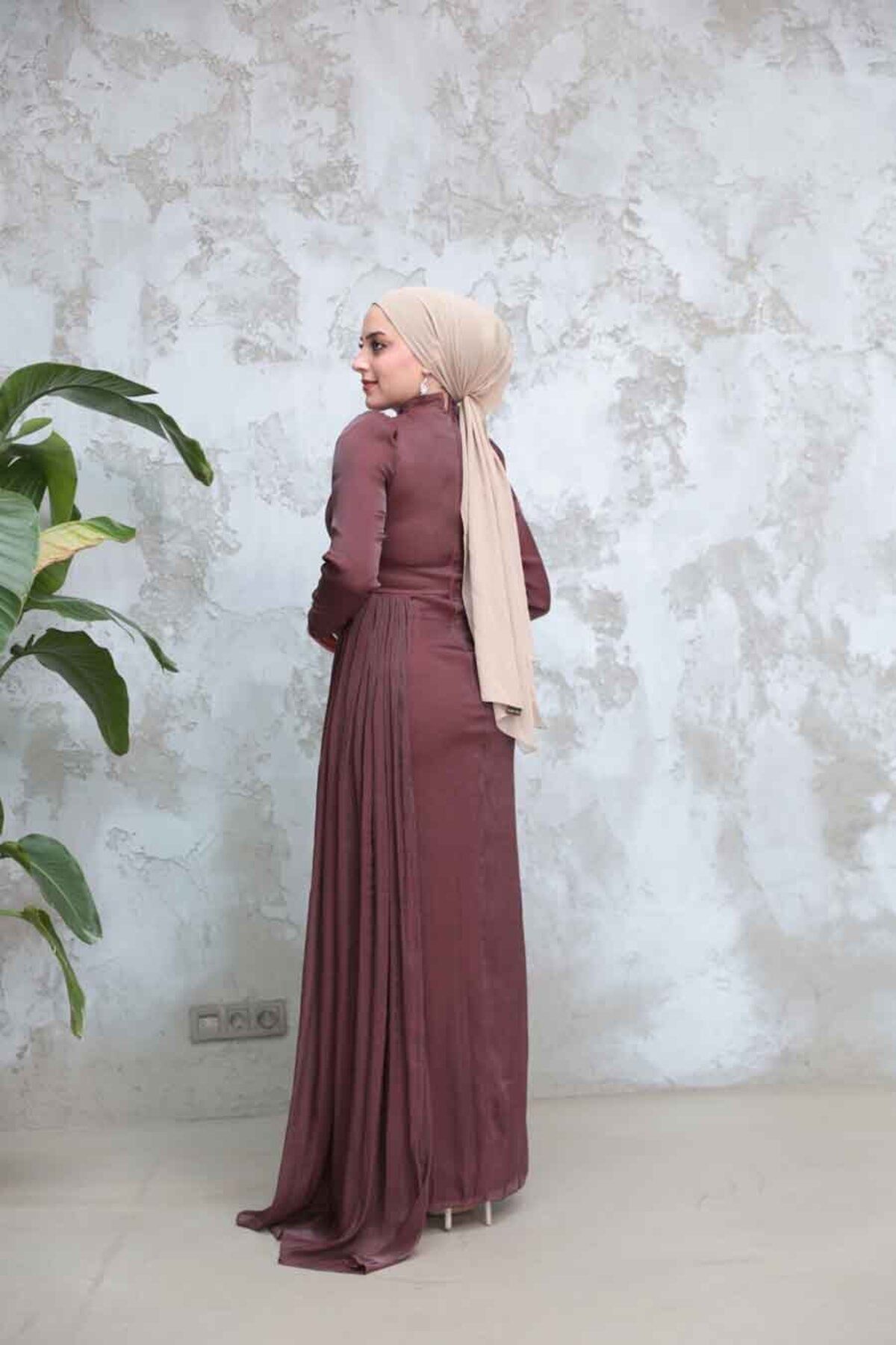 Neva Style-Drape Detailed Brown Hijab Evening Dress 51481Kh 4