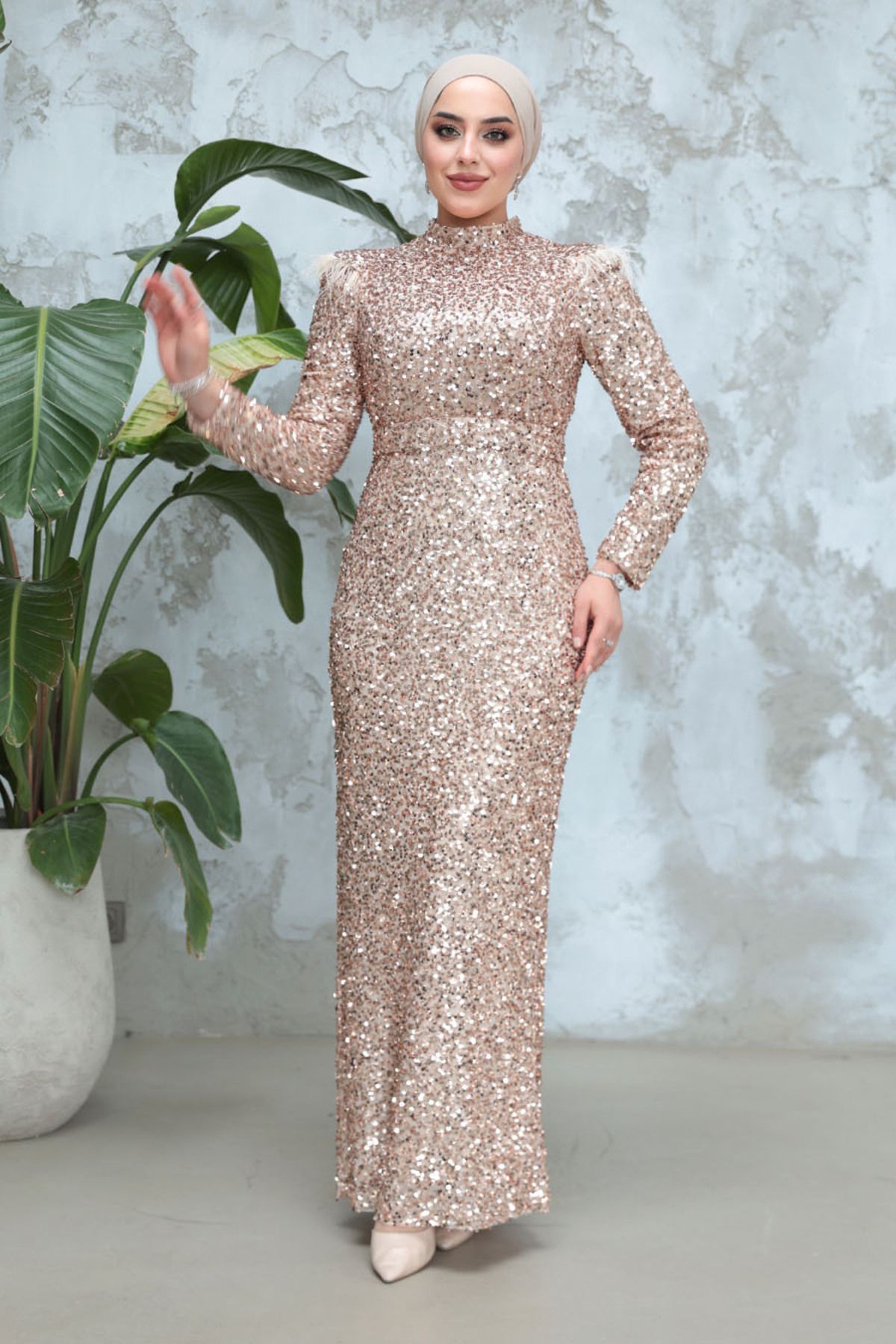 Neva Style-Gold Hijab Evening Dress - Sequin Bead Embroidered 4762Gold 2