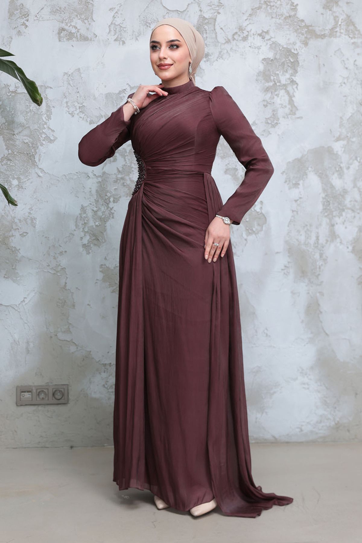 Neva Style-Drape Detailed Brown Hijab Evening Dress 51481Kh 2