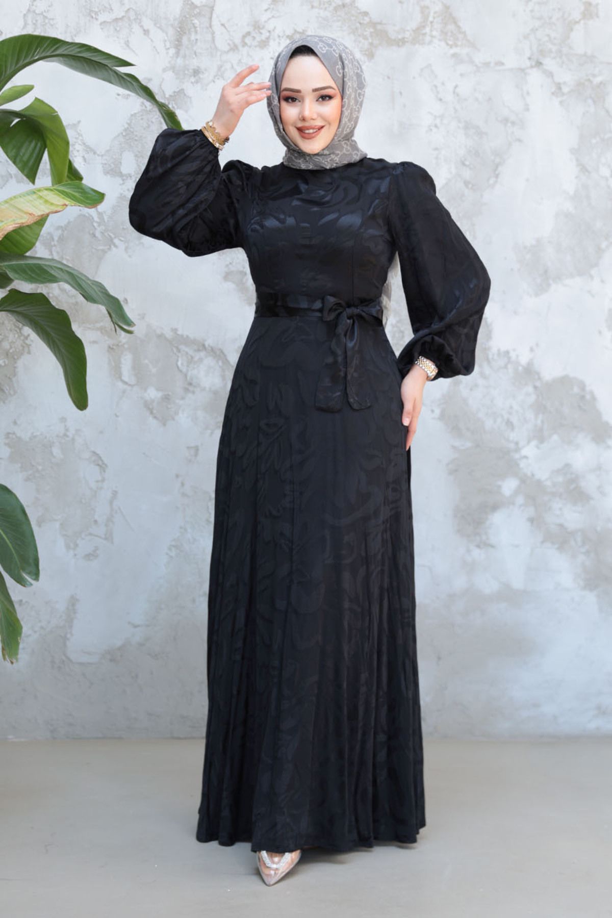 N.S NEVA STYLE Desenli Siyah Tesettür Abiye Elbise 23274S