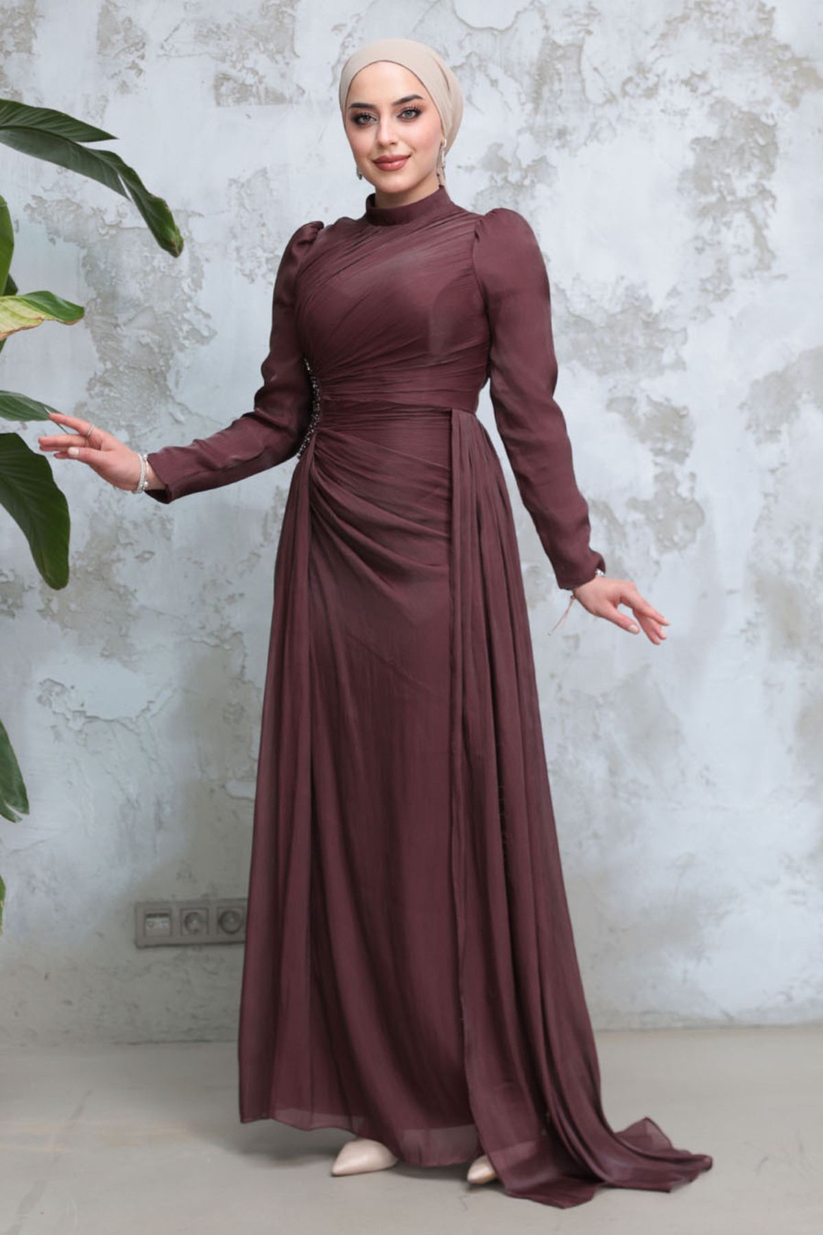 Neva Style-Drape Detailed Brown Hijab Evening Dress 51481Kh 3