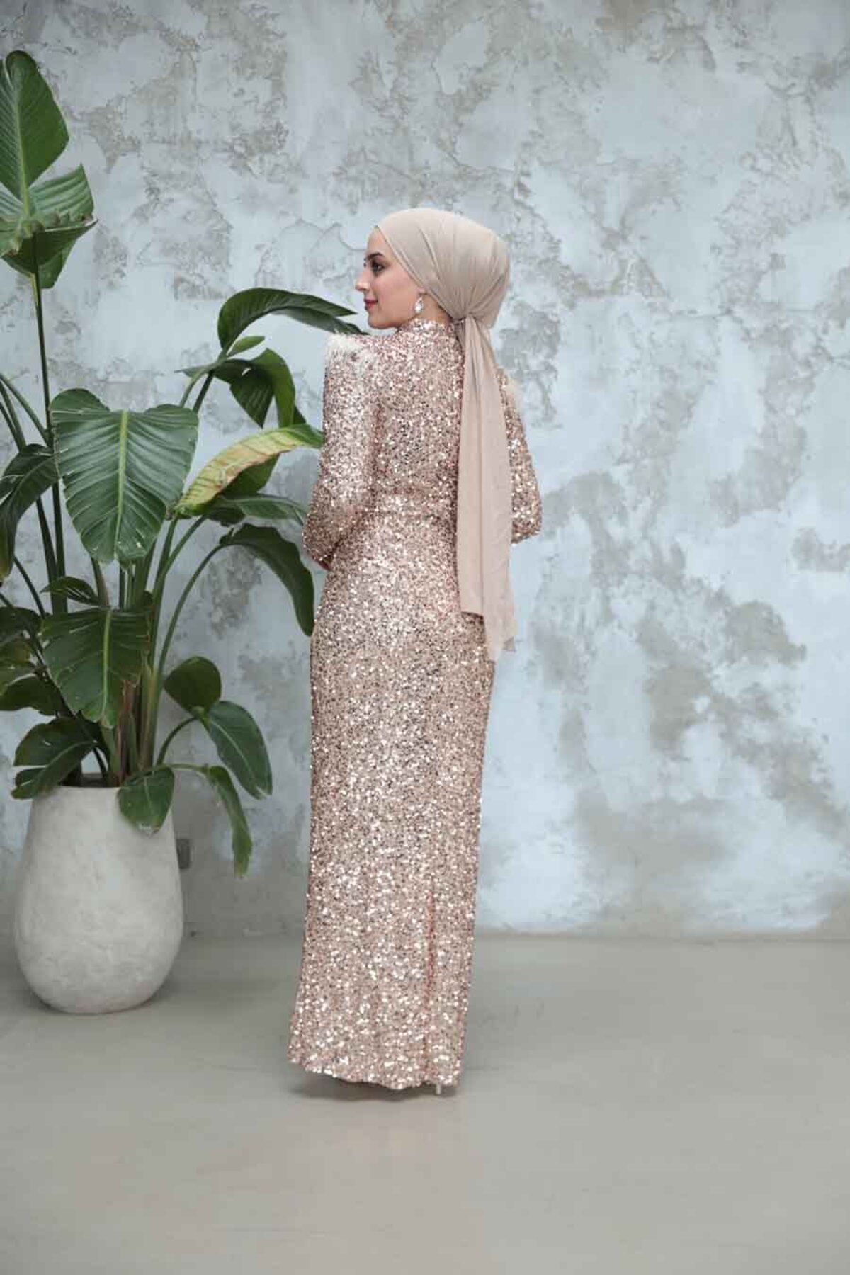 Neva Style-Gold Hijab Evening Dress - Sequin Bead Embroidered 4762Gold 4