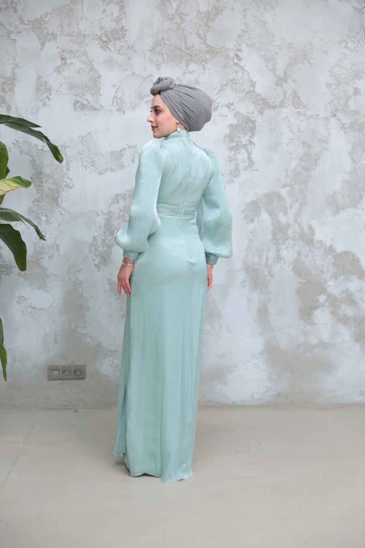 Neva Style-Drape Detailed Mint Hijab Evening Dress 50921Mint 4