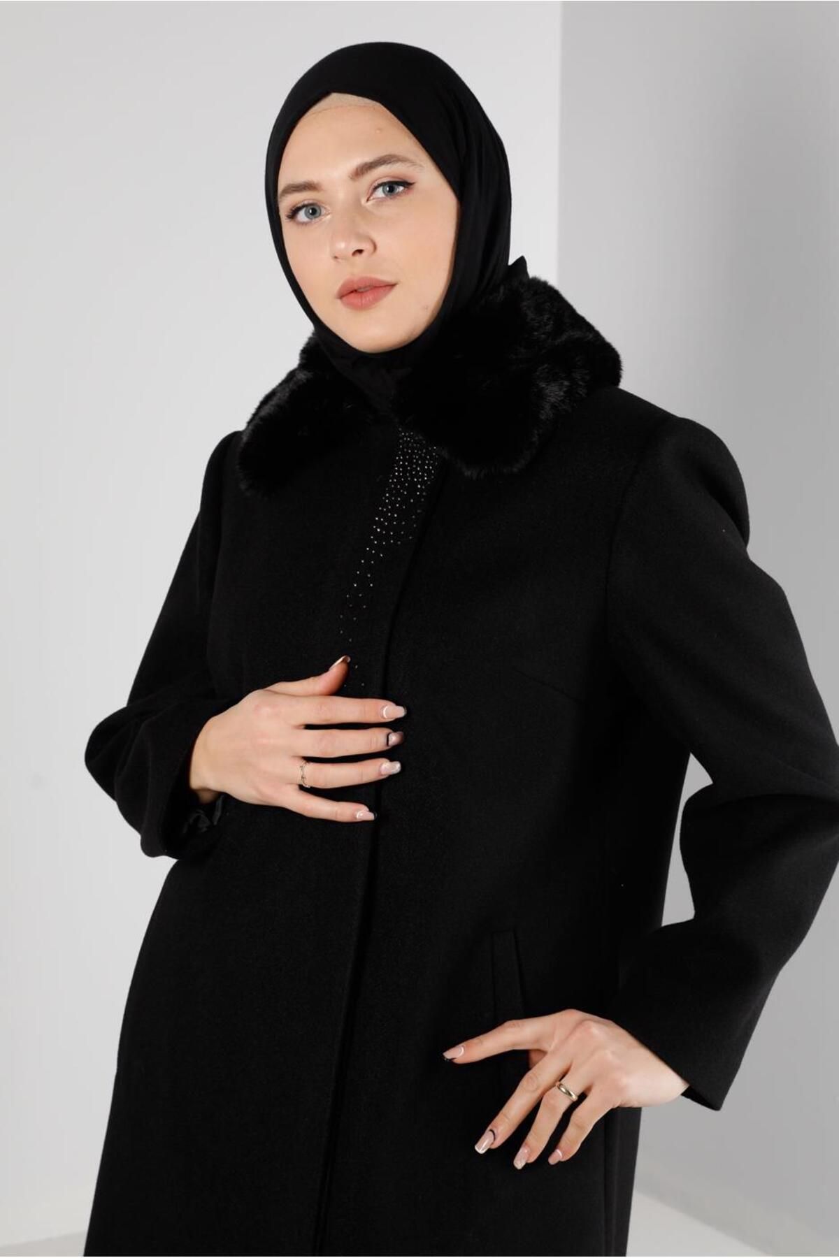 مانتو سنگی با یقه خز 90363 Alvina