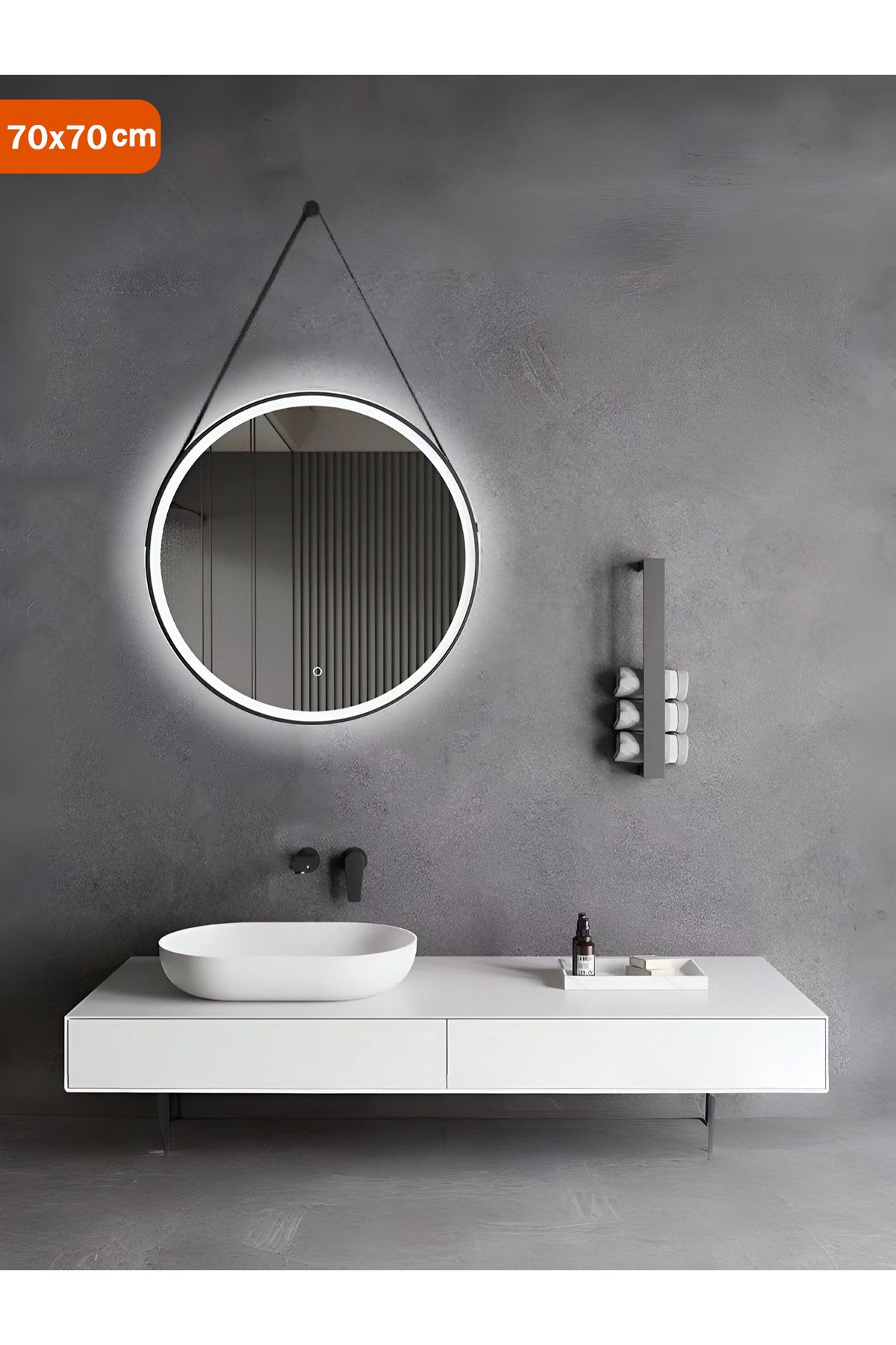 Taimi-Round Mirror Black 70cm With Strap 3 Lighting Modes And Smart Touch Button - Wired 2