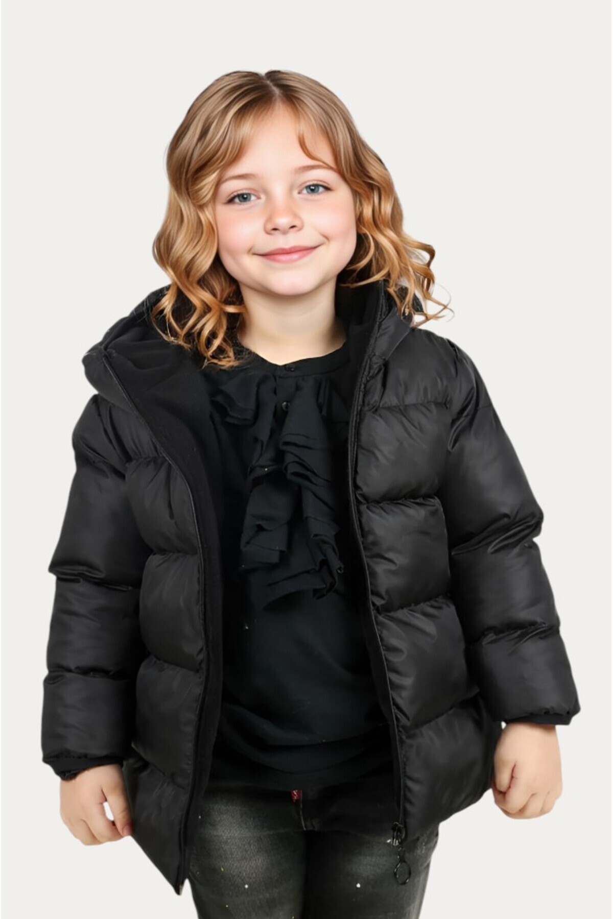 مونتلند کاپشن و پالتو زمستانی پفی ضد آب و بادگیر دخترانه، کلاه دار، مشکی، آستر پشمی