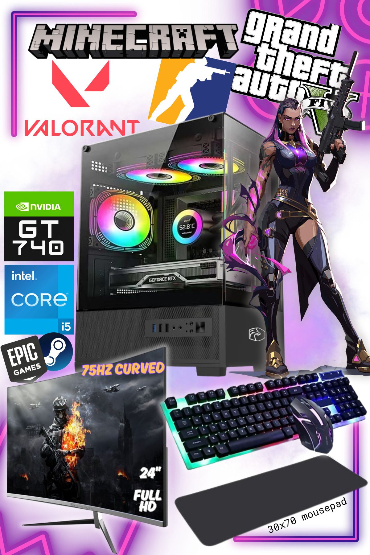 GAMİNGTECH Intel I5 3470-gt 740 4gb 128bit-16 Gb Ram-240 Sata Ssd - 75HZ 24"Monitör ve klavye mouse set