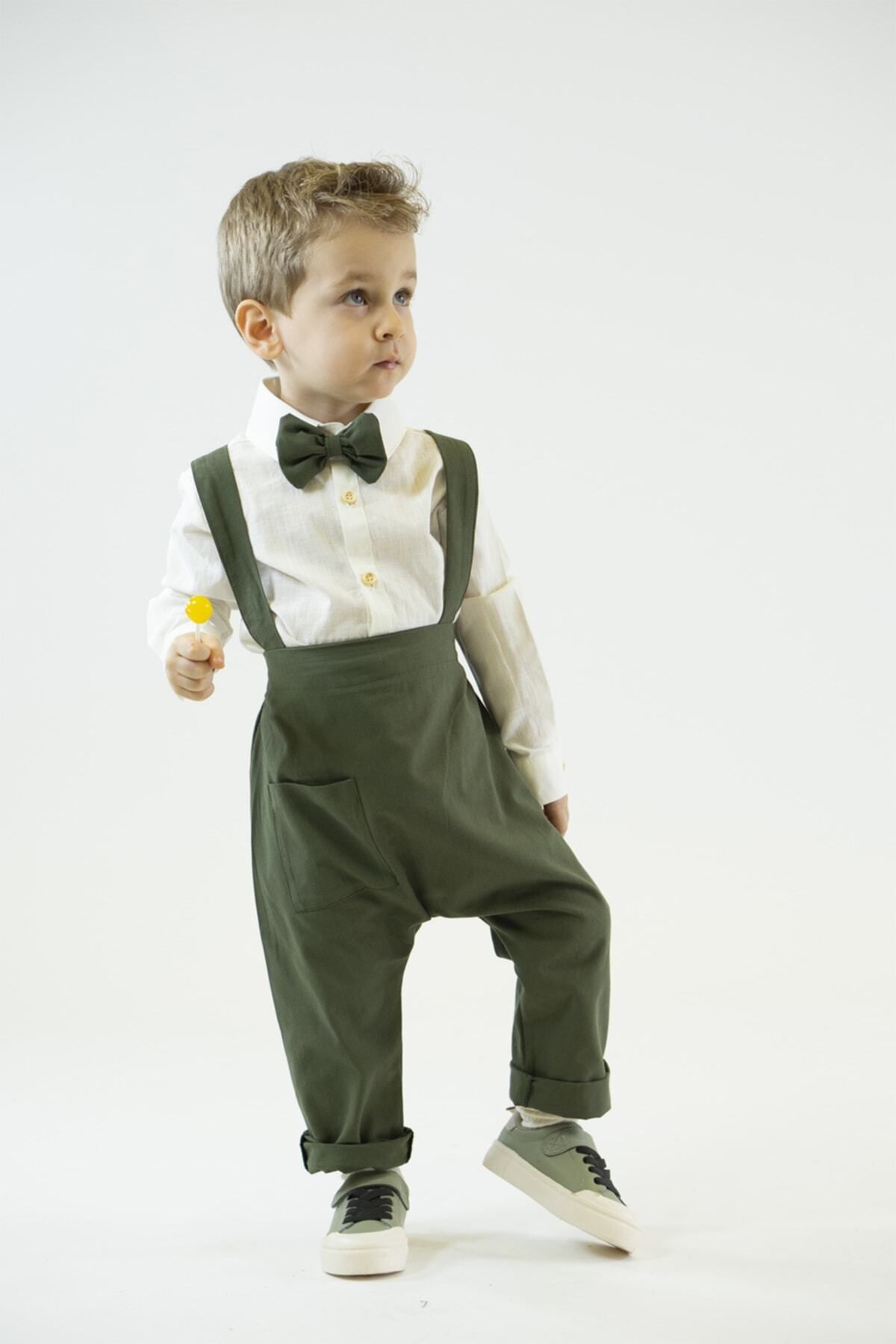 Catz Kids Cămașă Cu Mânecă Lungă Clasică Harem Salopet Verde Kaki Papion Masculin - 4–5 years