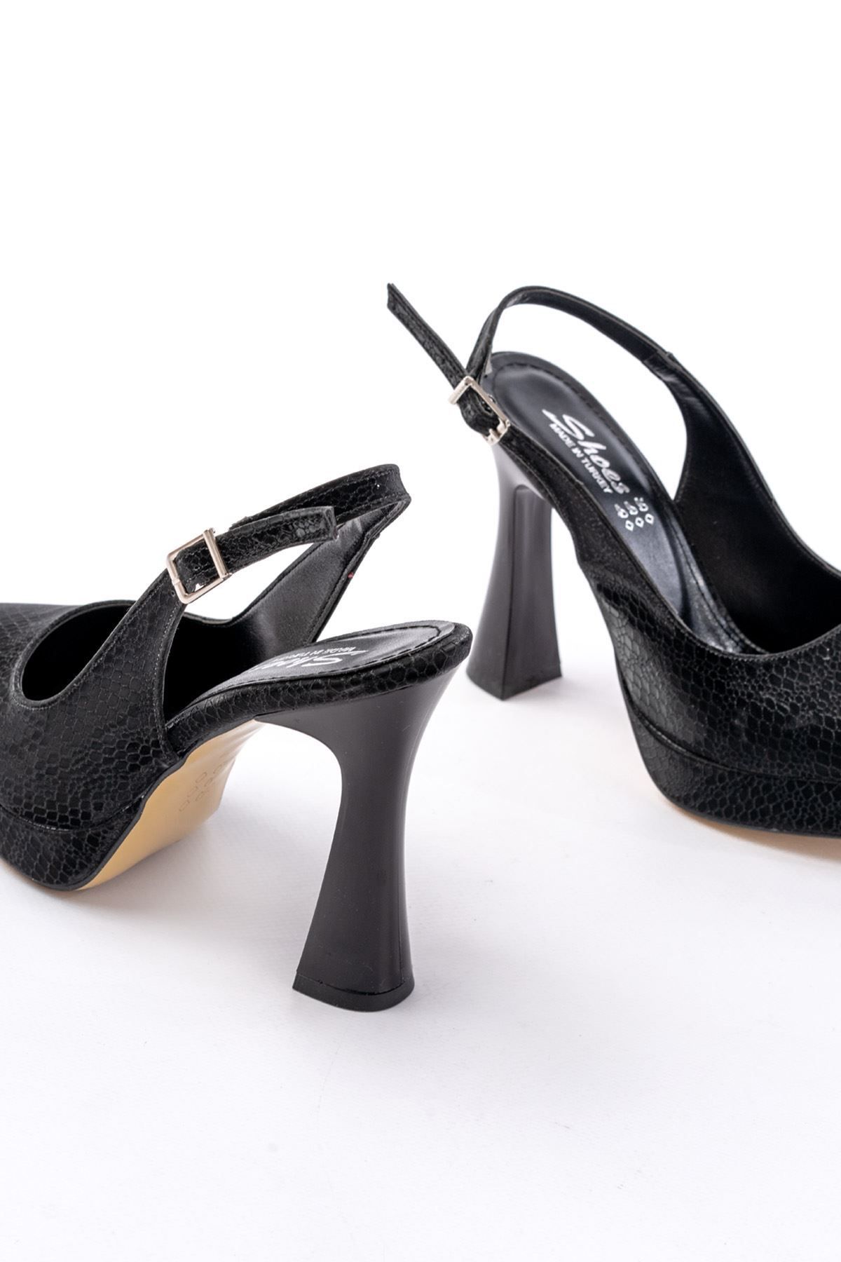 İNFON-Infon B-2101 Black Daily Open Back Snake Pattern Heeled Shoes 5