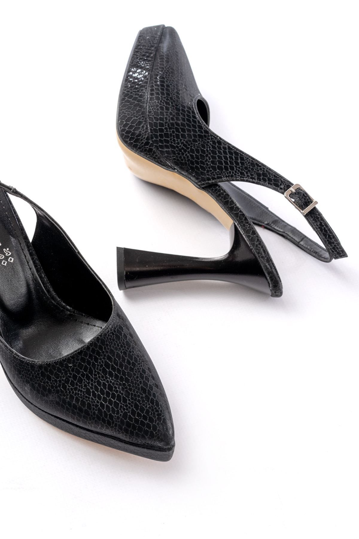 İNFON-Infon B-2101 Black Daily Open Back Snake Pattern Heeled Shoes 4