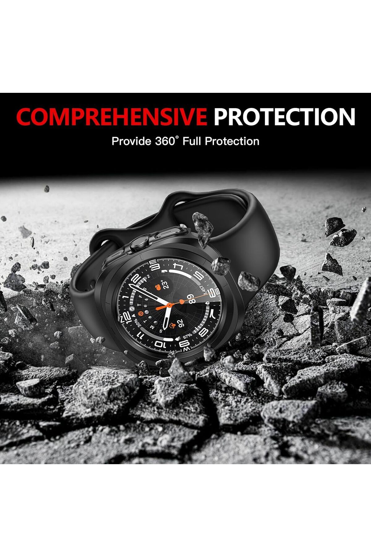 AWH-2-Pack Galaxy Watch Ultra 47mm Screen Protector, Tempered Glass Face Cover with Case, Black 3