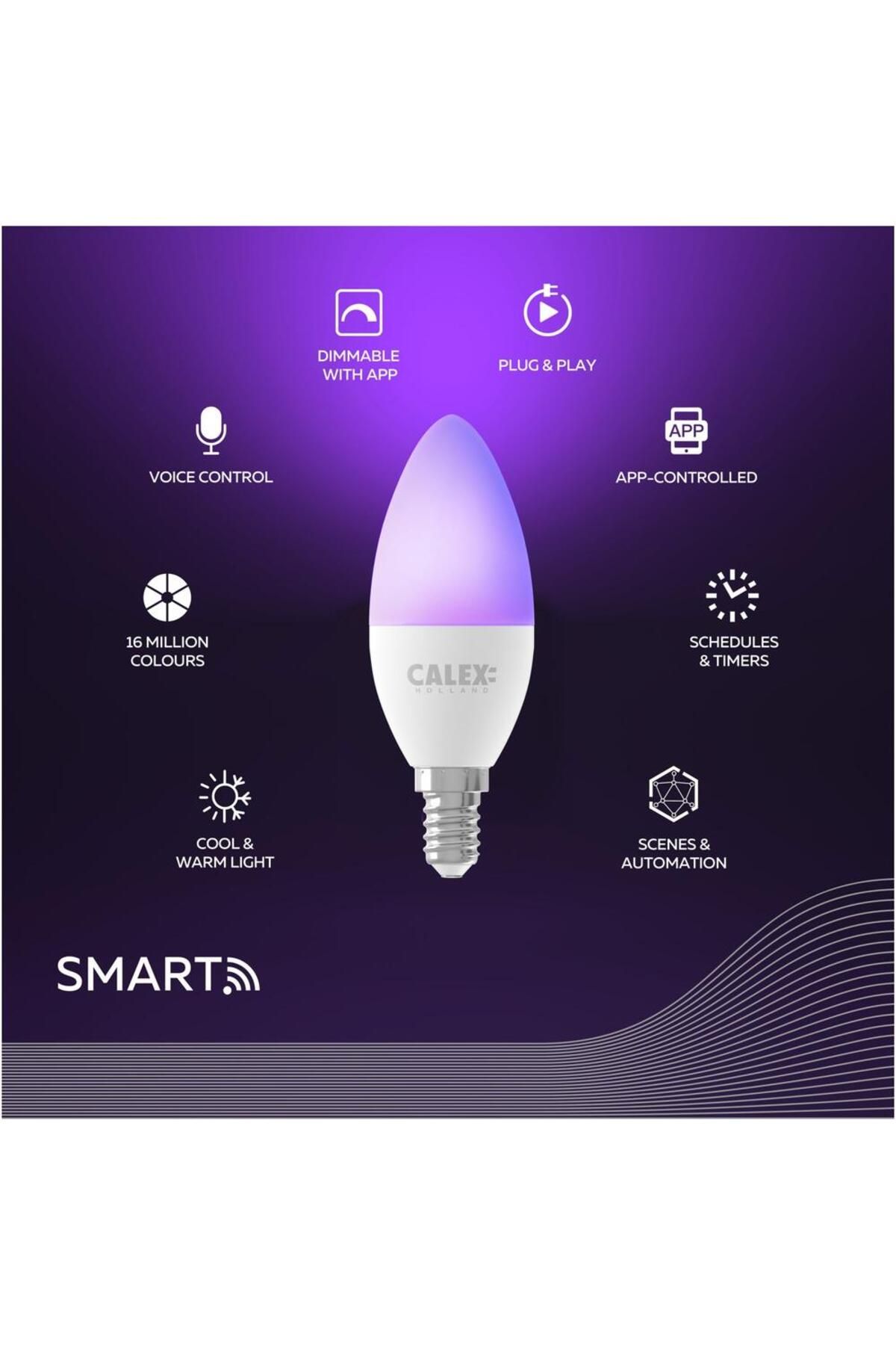 Calex-Bec LED RGB inteligent Calex, Wi-Fi, Bluetooth, B35, E14, 4.9W, 470 lm, lumina alba si colorata 8
