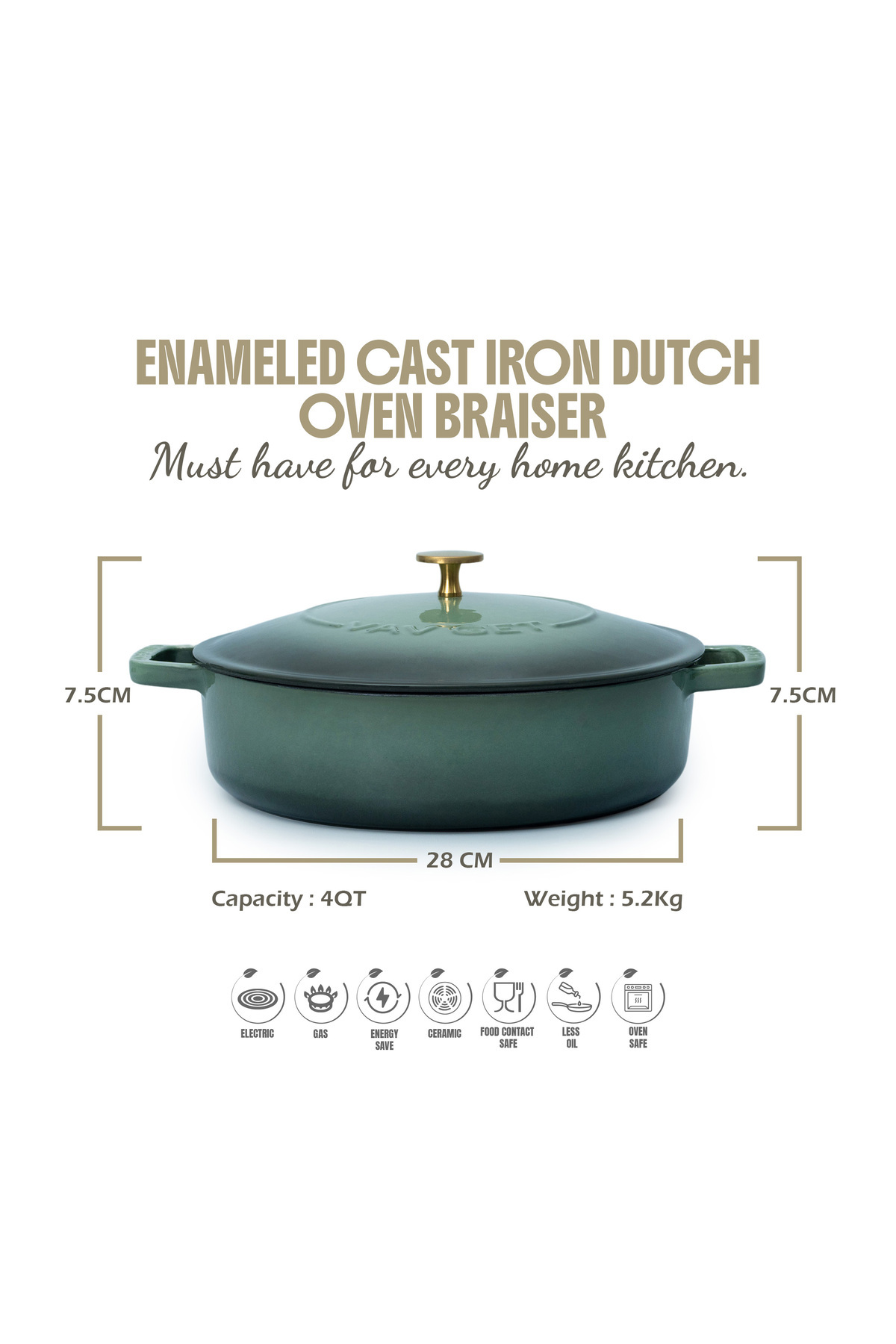 VAV GET-Enameled Cast Iron Dutch Oven Braiser Pan, 28cm / 3.79l, Induction & Oven Safe. 3