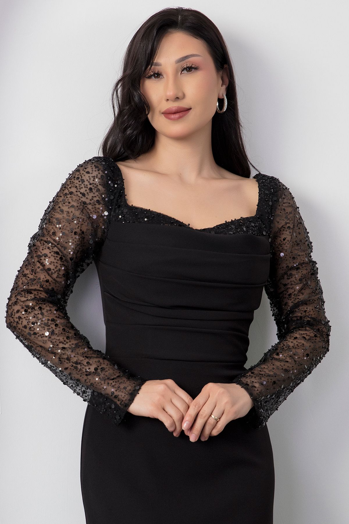 Kare Yaka Uzun Kol Atlas Elbise ECR5563 - 2