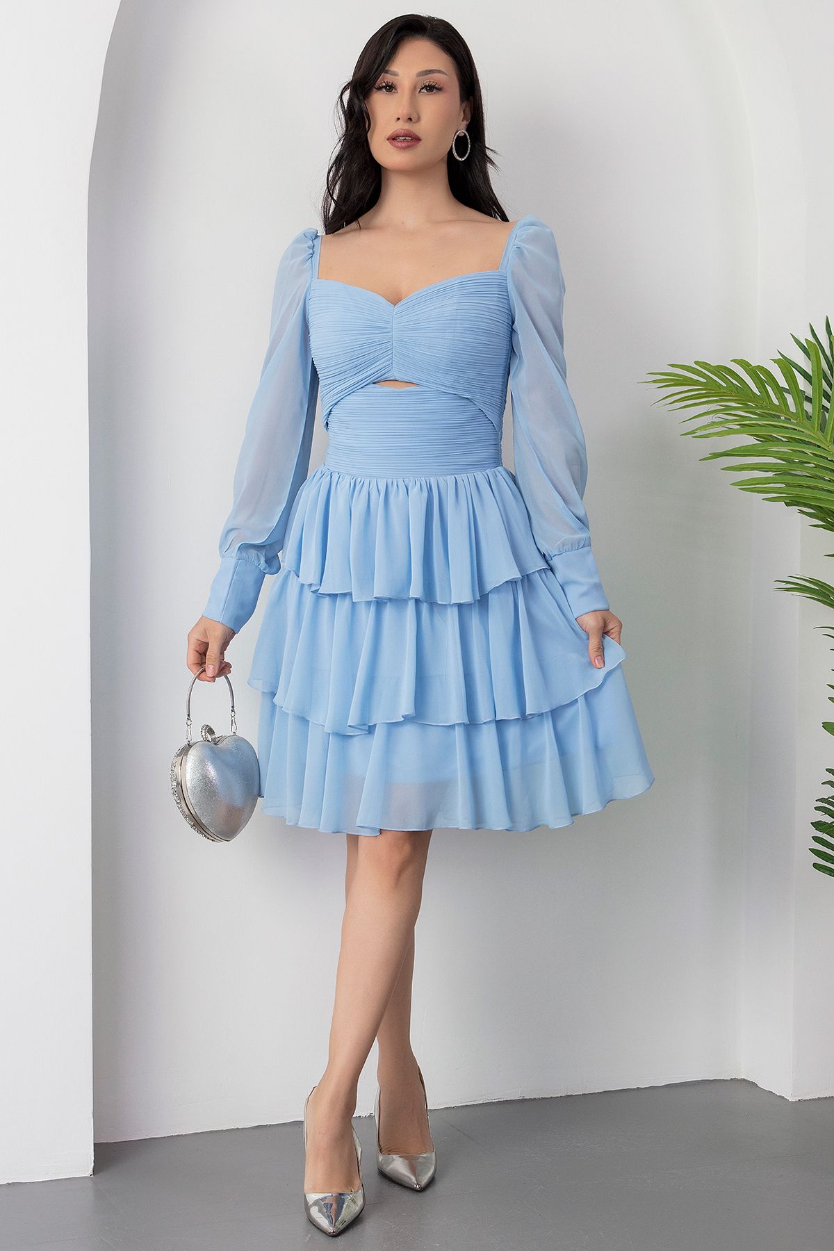 PULLIMM-Rochie din șifon cu mâneci lungi, cu decolteu în formă de inimă, ECR5547 5