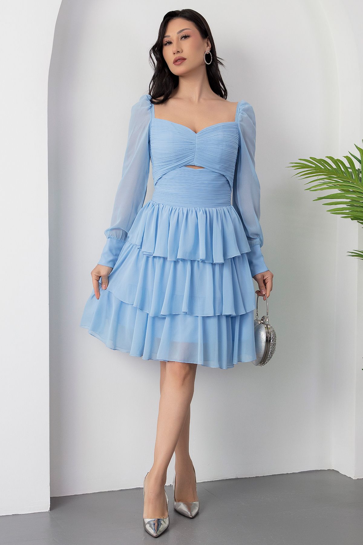 PULLIMM-Rochie din șifon cu mâneci lungi, cu decolteu în formă de inimă, ECR5547 4