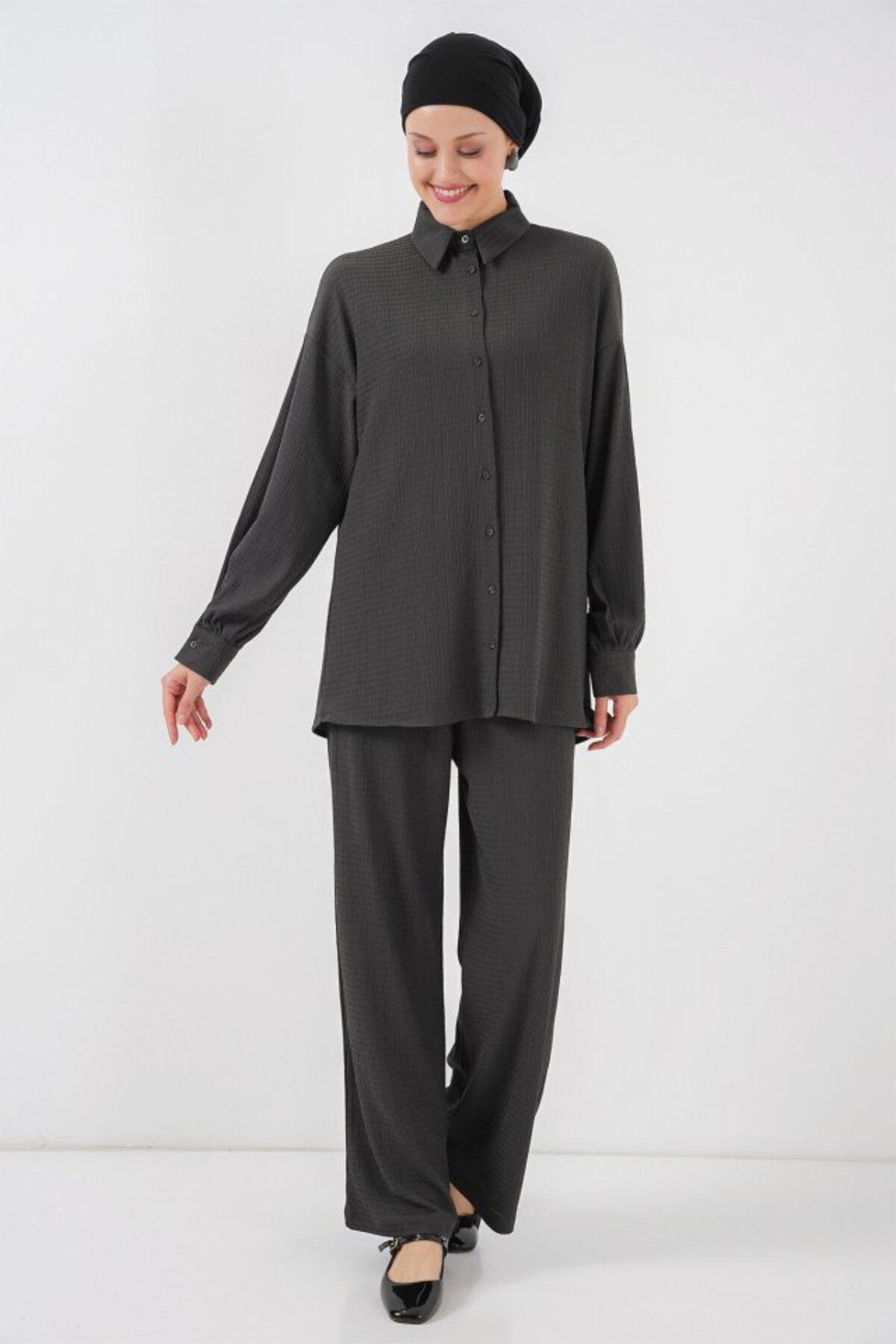 TUA MODA-Tua Moda Knitted Hijab Bottom Top Set 6711 - Anthracite 4