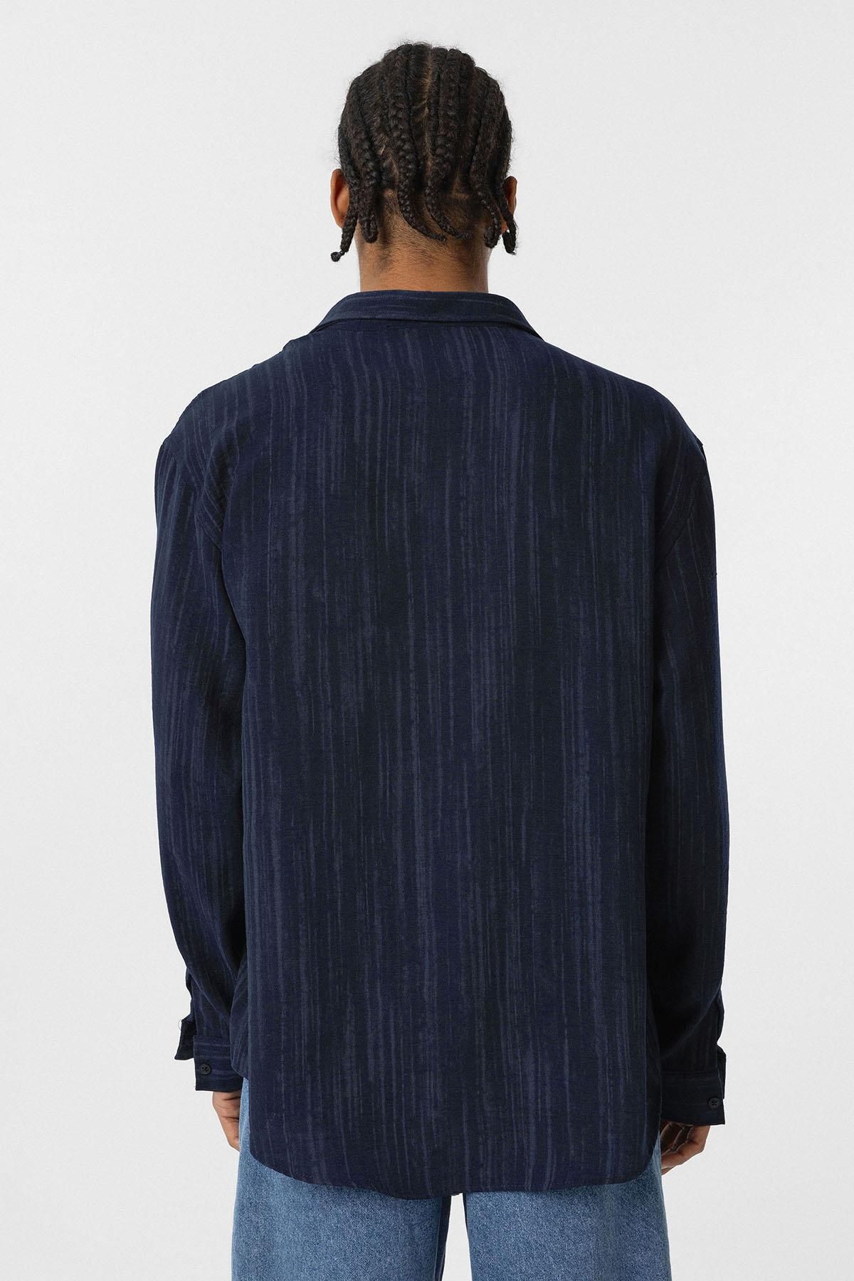 VAMOSCLO-Navy Blue Oversize Linen - Long Sleeve Shirt 6